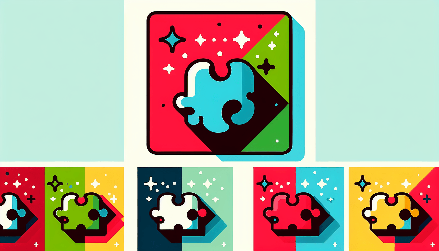 Missing piece in flat illustration style and white background, red #f47574, green #88c7a8, yellow #fcc44b, and blue #645bc8 colors.