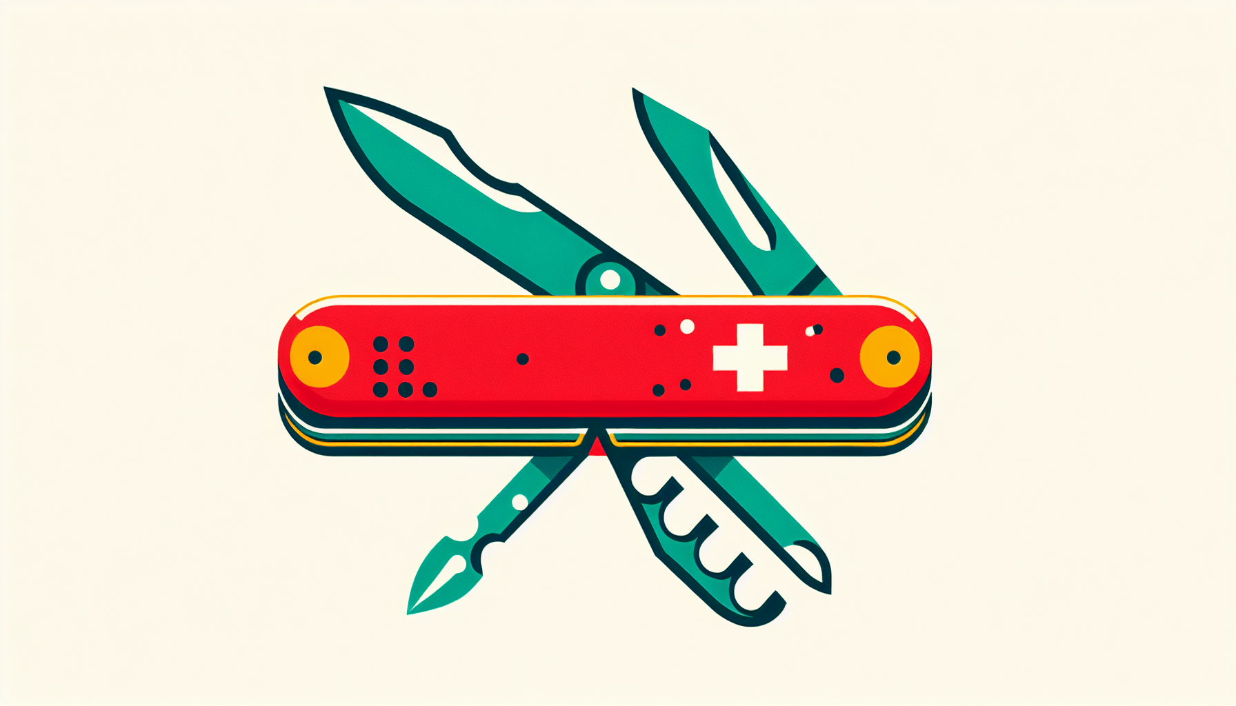 Swiss knife in flat illustration style and white background, red #f47574, green #88c7a8, yellow #fcc44b, and blue #645bc8 colors.