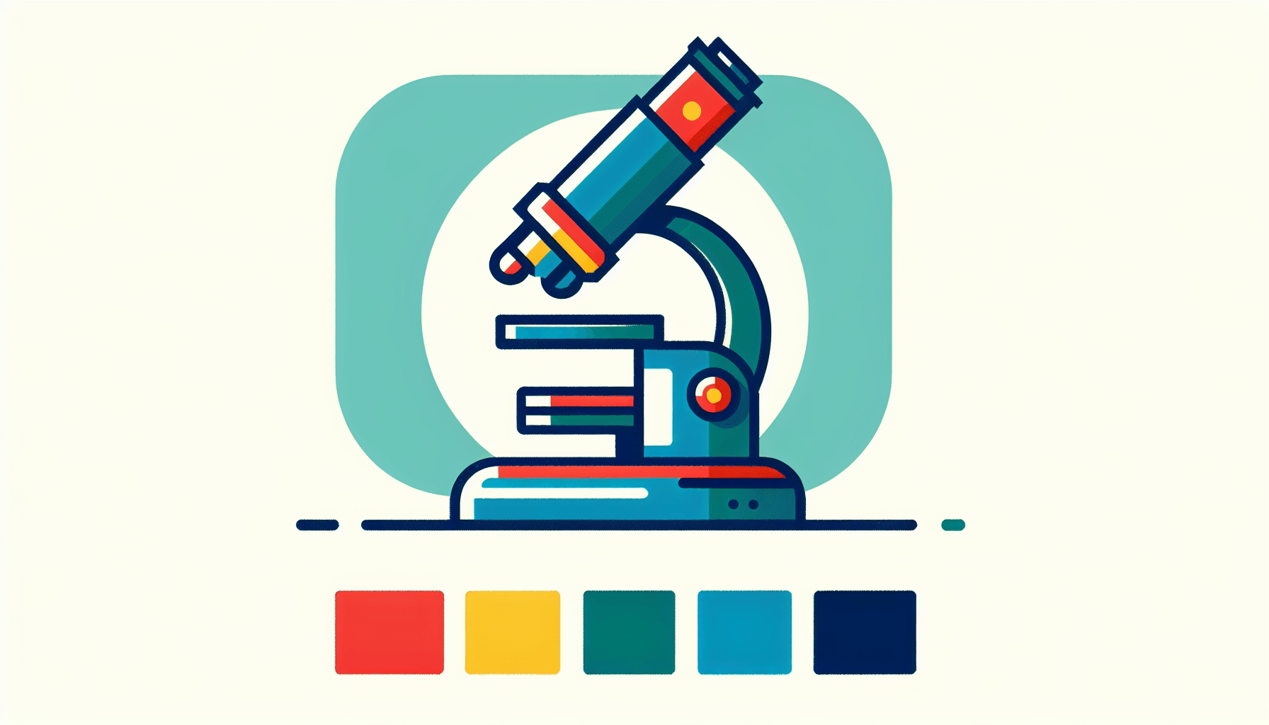 Microscope in flat illustration style and white background, red #f47574, green #88c7a8, yellow #fcc44b, and blue #645bc8 colors.