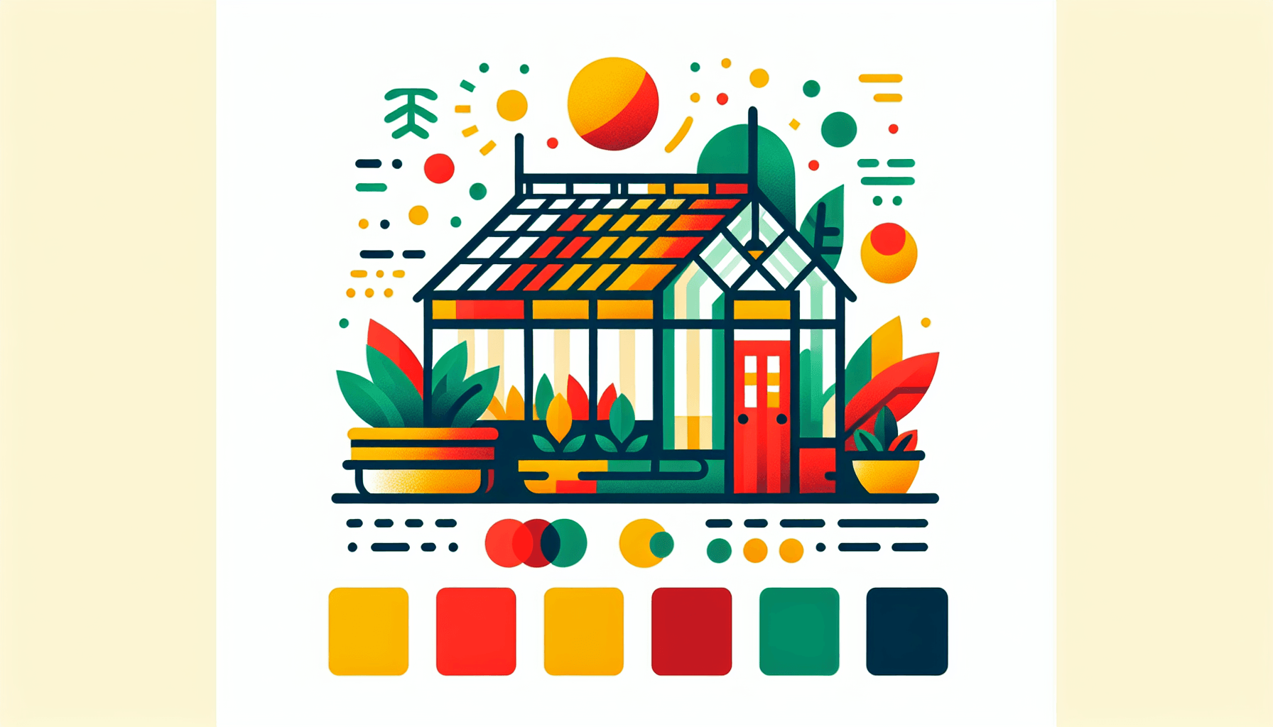 Greenhouse in flat illustration style and white background, red #f47574, green #88c7a8, yellow #fcc44b, and blue #645bc8 colors.