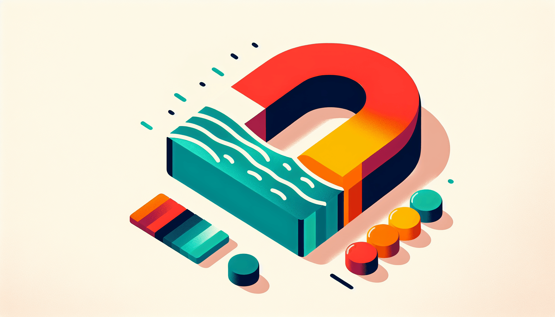 Magnet in flat illustration style and white background, red #f47574, green #88c7a8, yellow #fcc44b, and blue #645bc8 colors.