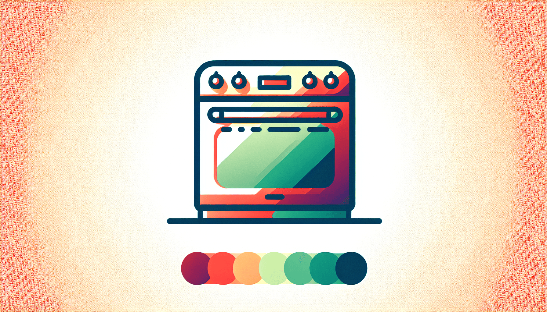 Oven in flat illustration style and white background, red #f47574, green #88c7a8, yellow #fcc44b, and blue #645bc8 colors.