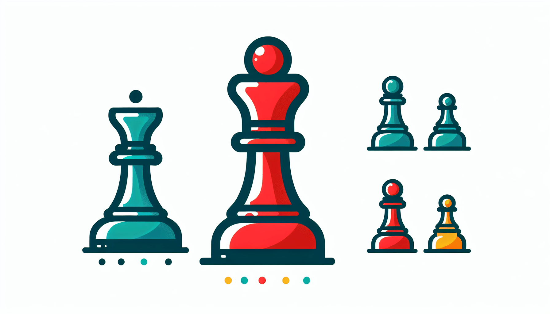 Chess piece in flat illustration style and white background, red #f47574, green #88c7a8, yellow #fcc44b, and blue #645bc8 colors.