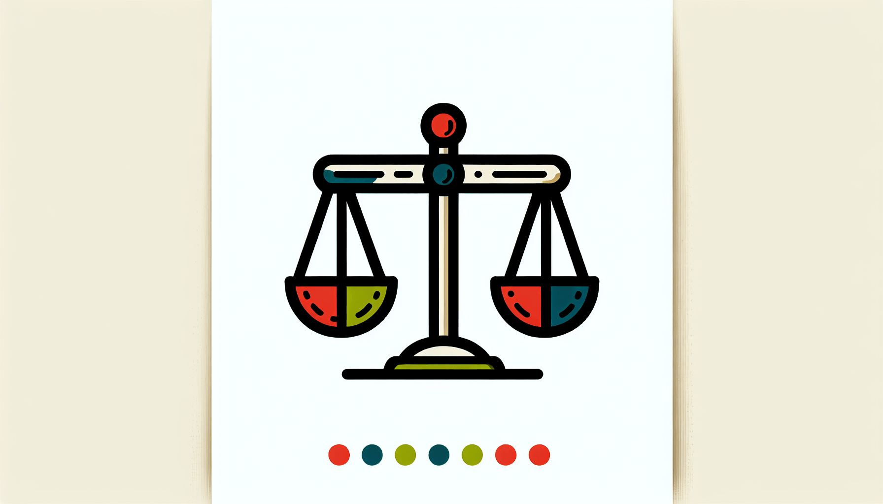 Balance scale in flat illustration style and white background, red #f47574, green #88c7a8, yellow #fcc44b, and blue #645bc8 colors.