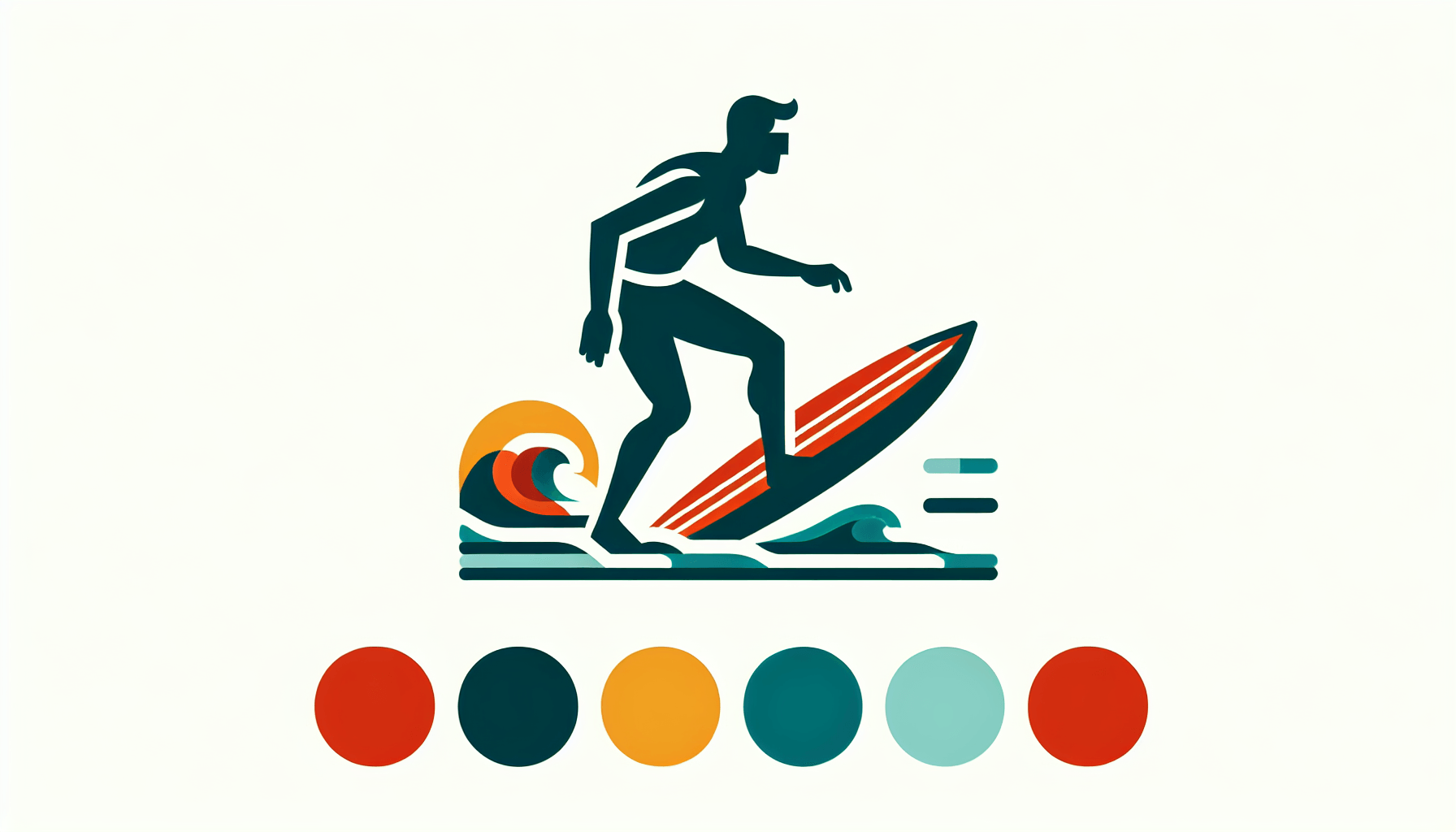 Surfer in flat illustration style and white background, red #f47574, green #88c7a8, yellow #fcc44b, and blue #645bc8 colors.