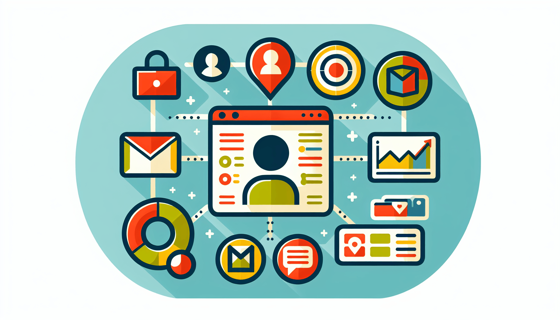 CRM system in flat illustration style and white background, red #f47574, green #88c7a8, yellow #fcc44b, and blue #645bc8 colors.