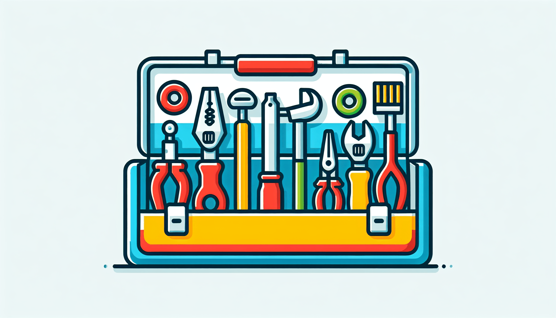 Toolbox in flat illustration style and white background, red #f47574, green #88c7a8, yellow #fcc44b, and blue #645bc8 colors.
