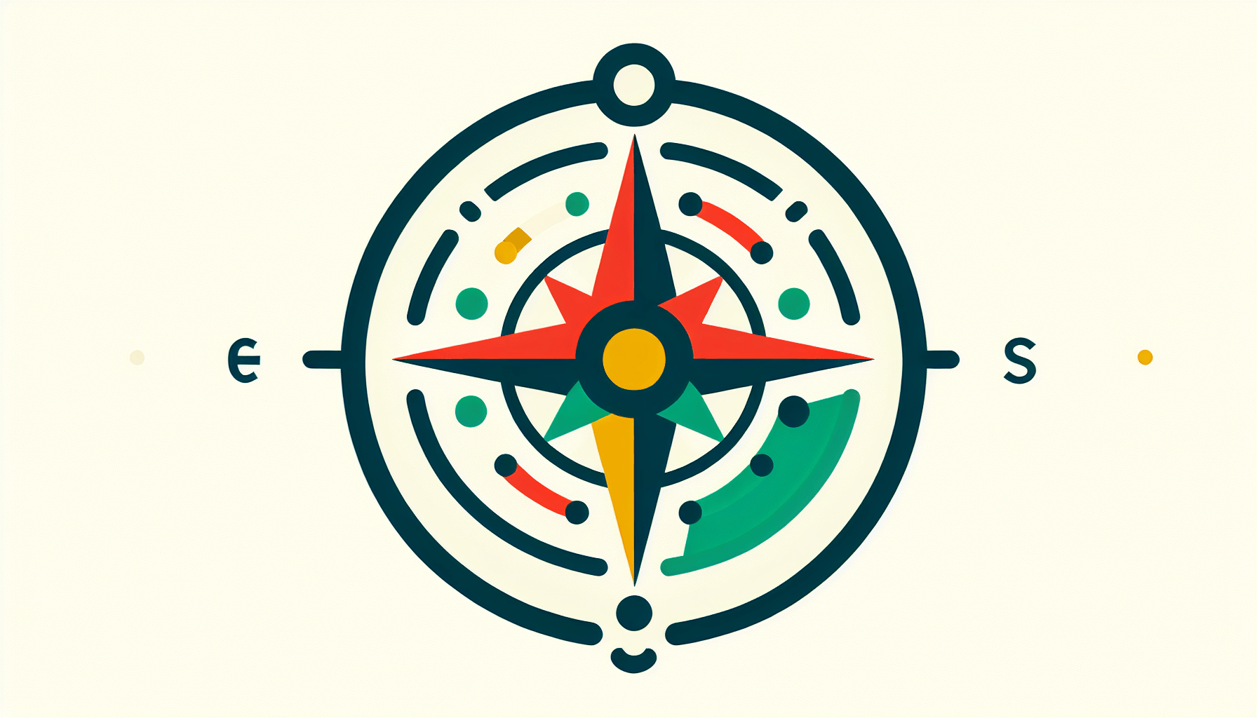 Compass in flat illustration style and white background, red #f47574, green #88c7a8, yellow #fcc44b, and blue #645bc8 colors.