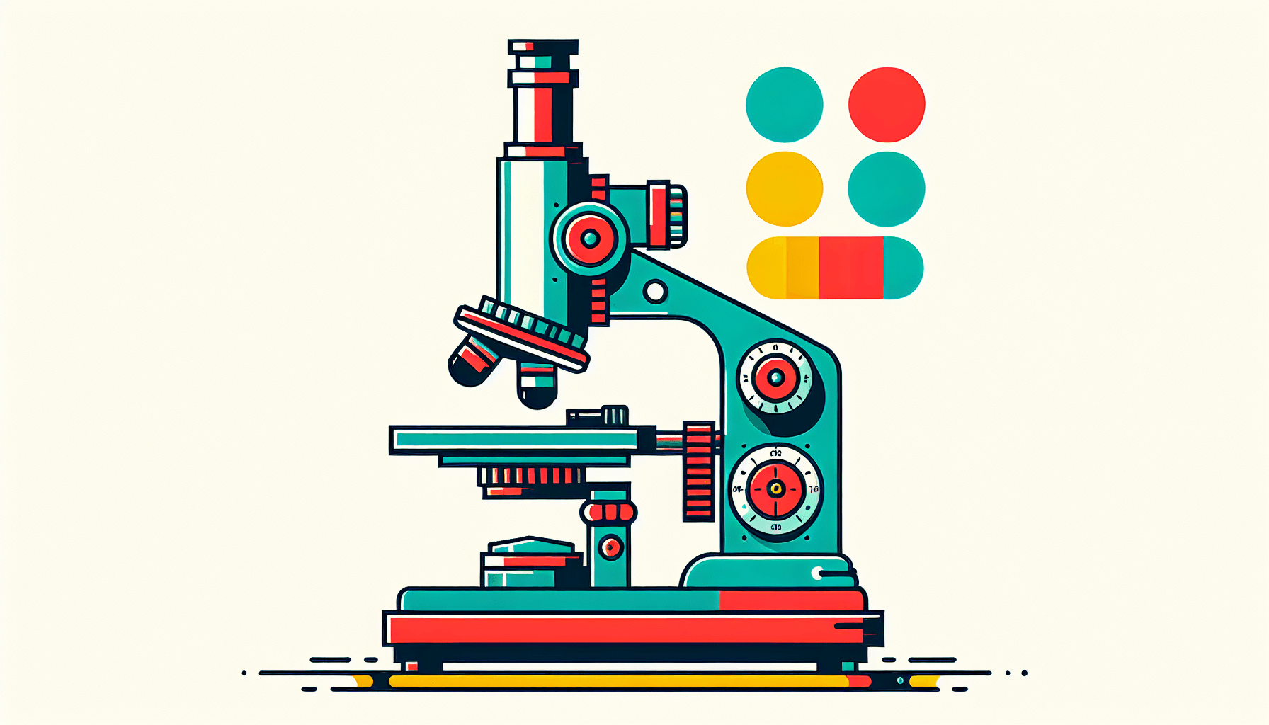 Microscope in flat illustration style and white background, red #f47574, green #88c7a8, yellow #fcc44b, and blue #645bc8 colors.