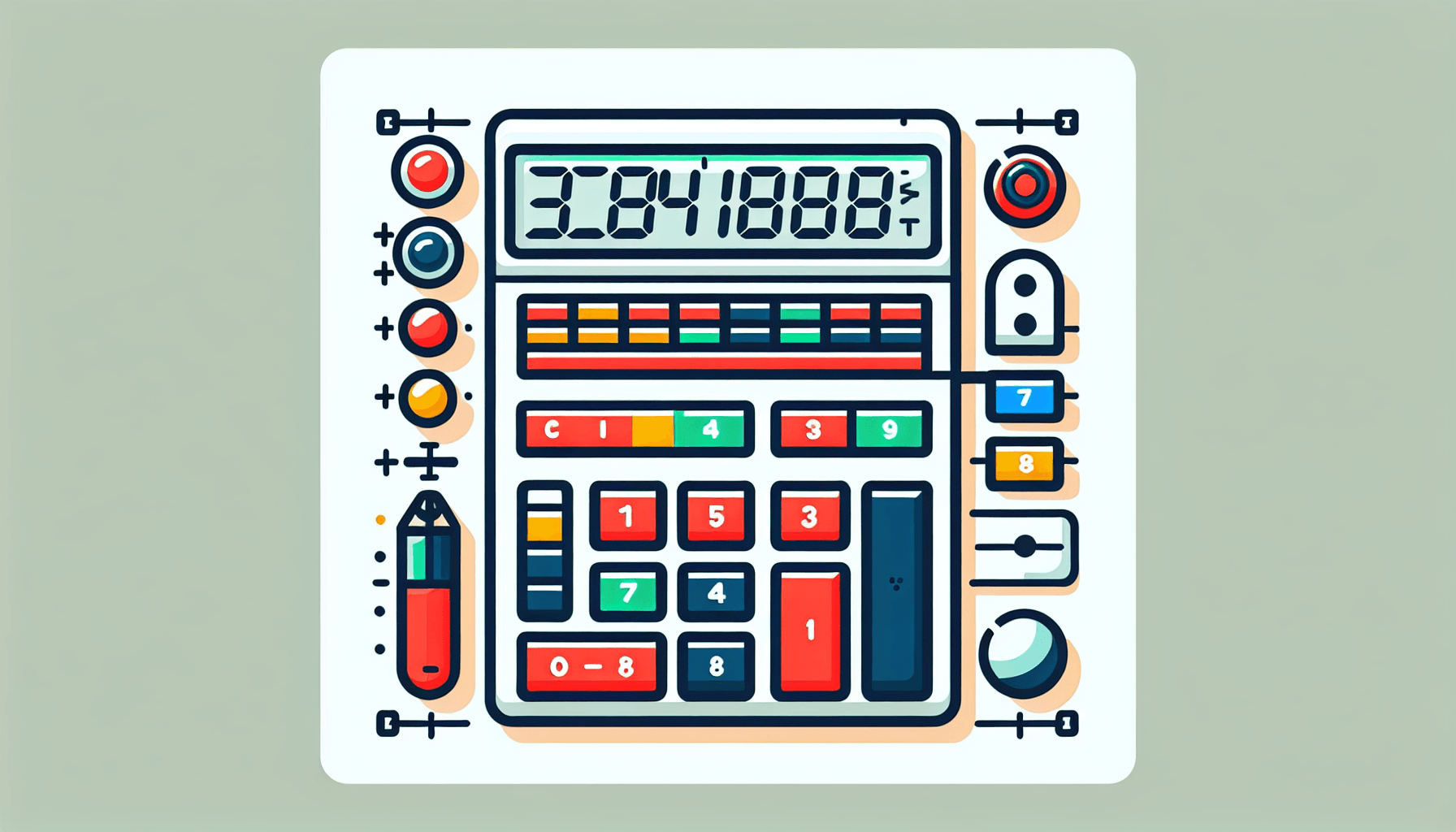 Calculator in flat illustration style and white background, red #f47574, green #88c7a8, yellow #fcc44b, and blue #645bc8 colors.
