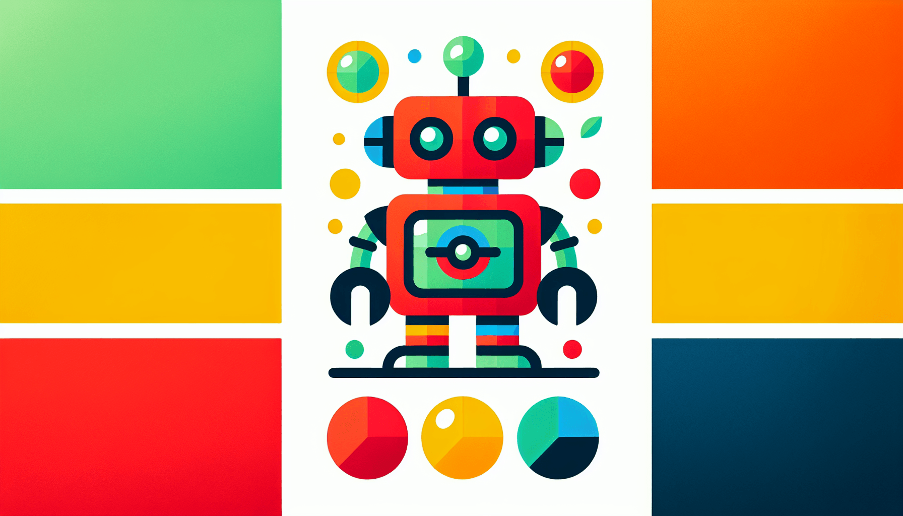 Robot in flat illustration style and white background, red #f47574, green #88c7a8, yellow #fcc44b, and blue #645bc8 colors.