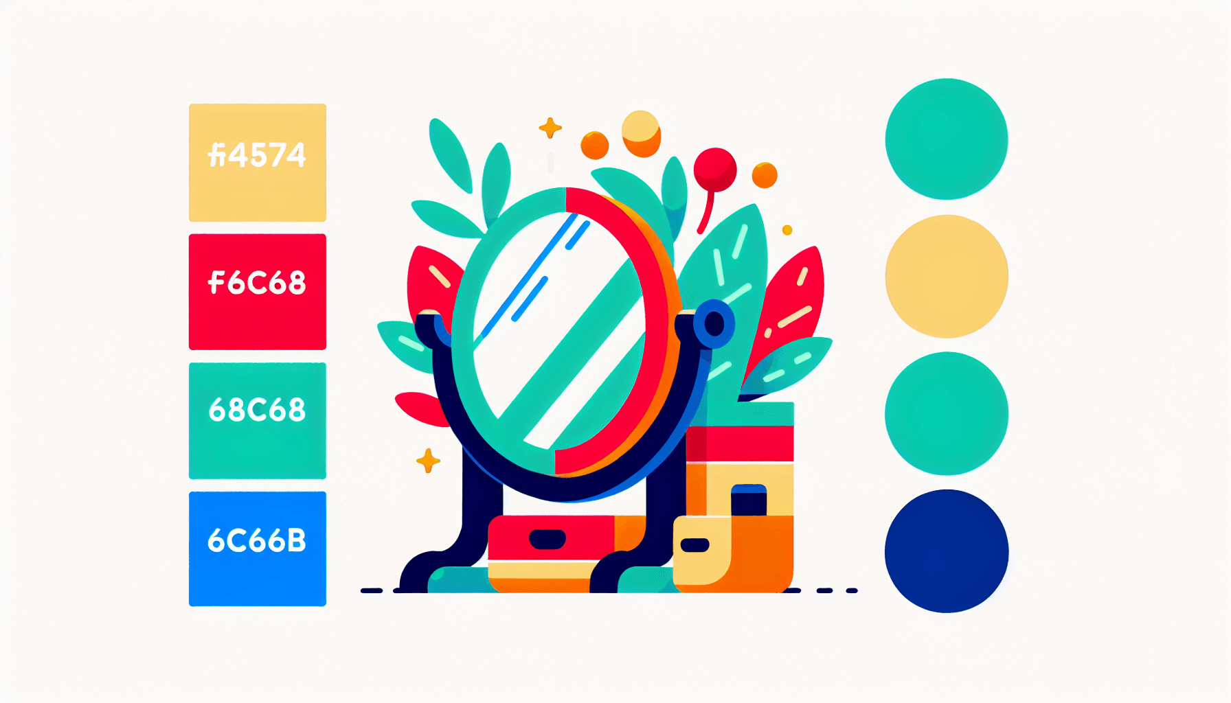 Mirror in flat illustration style and white background, red #f47574, green #88c7a8, yellow #fcc44b, and blue #645bc8 colors.