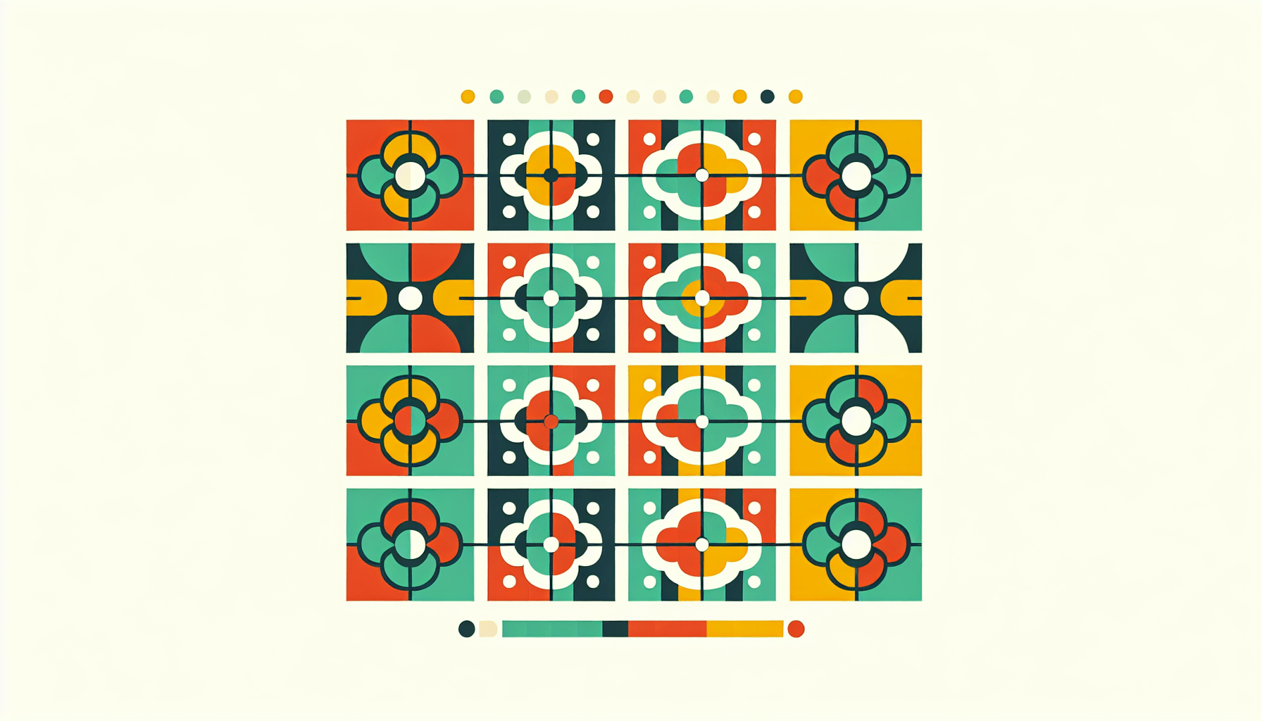 Grid in flat illustration style and white background, red #f47574, green #88c7a8, yellow #fcc44b, and blue #645bc8 colors.