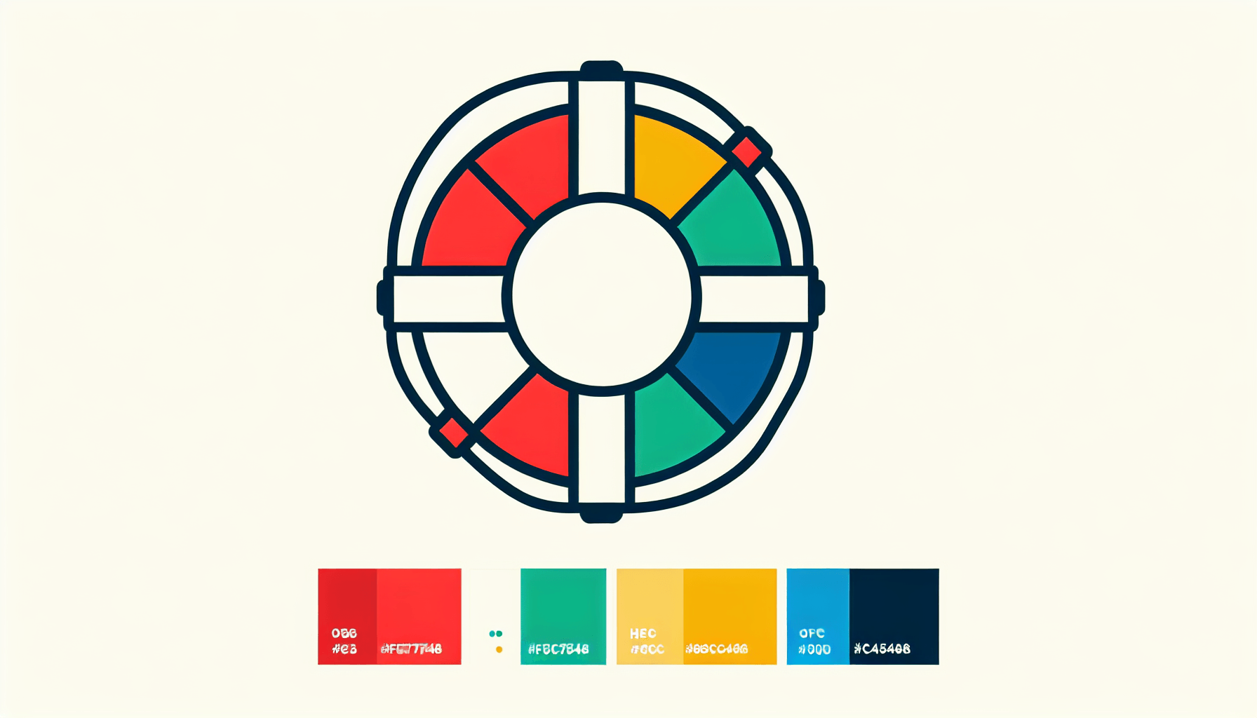 Lifesaver in flat illustration style and white background, red #f47574, green #88c7a8, yellow #fcc44b, and blue #645bc8 colors.