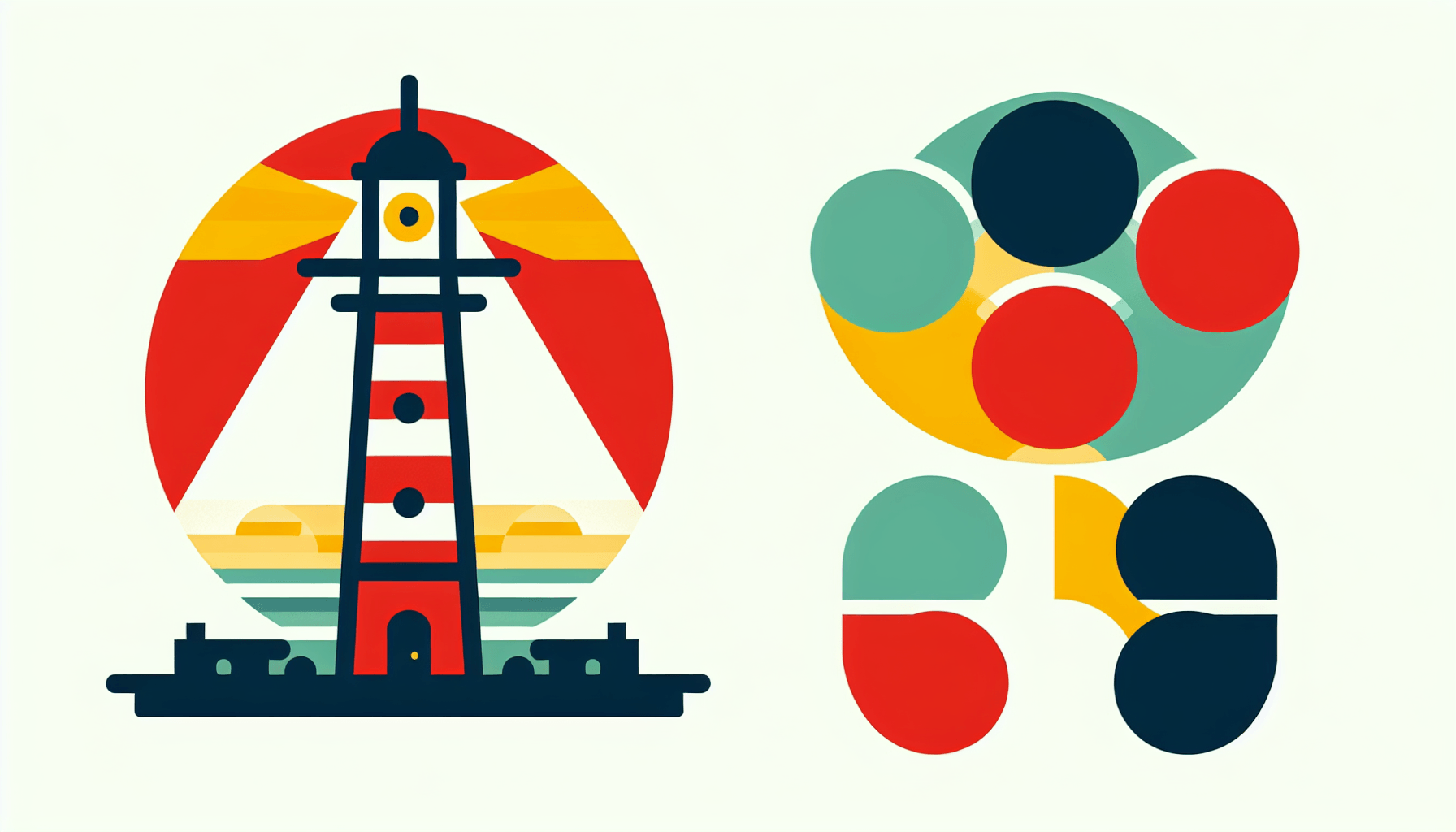 Lighthouse in flat illustration style and white background, red #f47574, green #88c7a8, yellow #fcc44b, and blue #645bc8 colors.