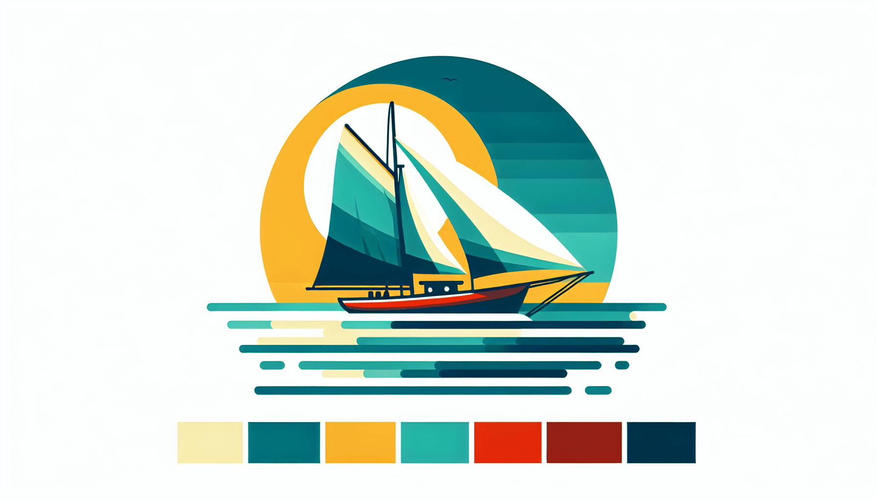 Sailboat in flat illustration style and white background, red #f47574, green #88c7a8, yellow #fcc44b, and blue #645bc8 colors.