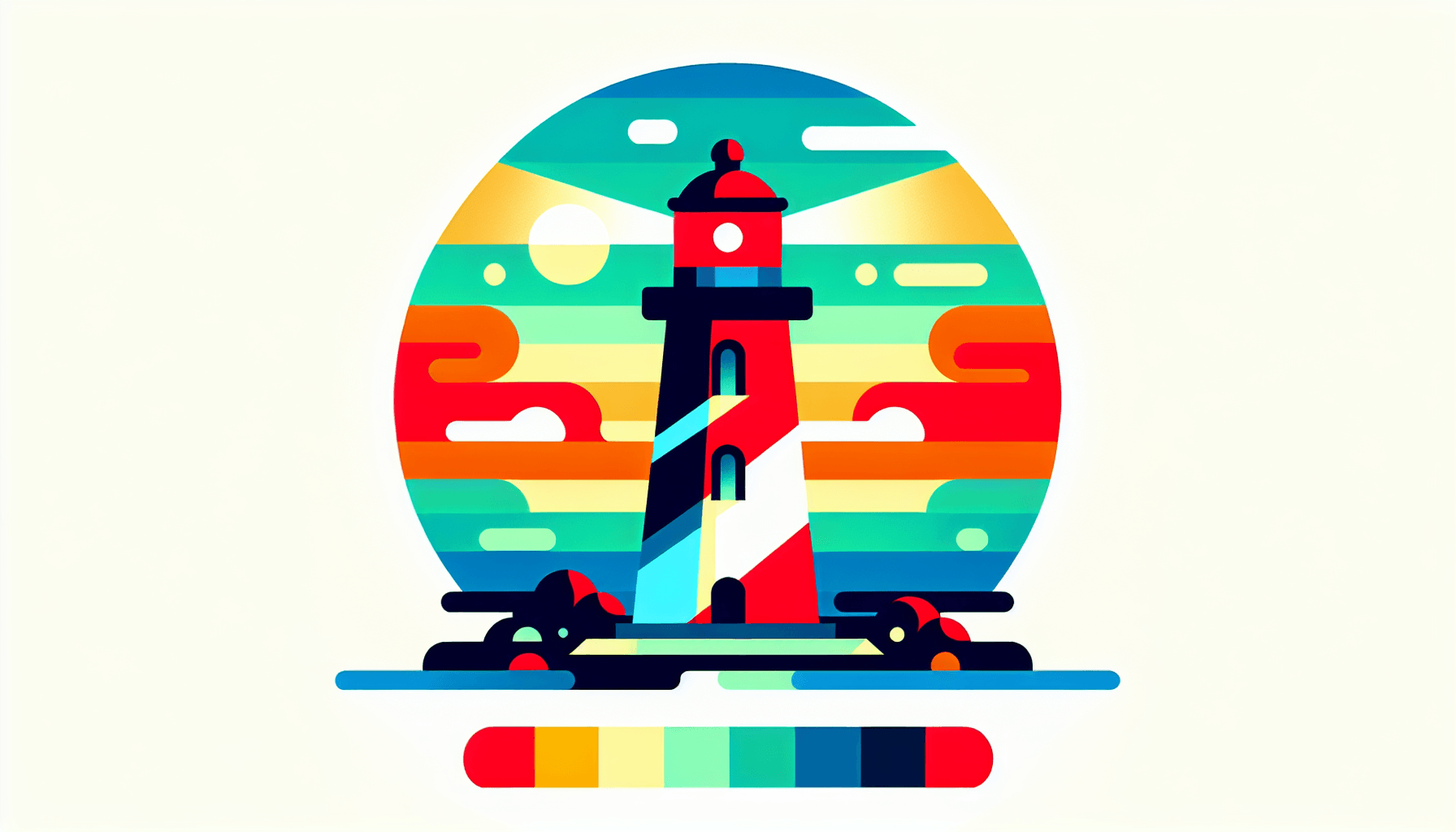 Lighthouse in flat illustration style and white background, red #f47574, green #88c7a8, yellow #fcc44b, and blue #645bc8 colors.