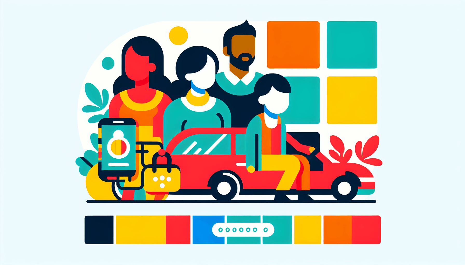 Carshare in flat illustration style and white background, red #f47574, green #88c7a8, yellow #fcc44b, and blue #645bc8 colors.