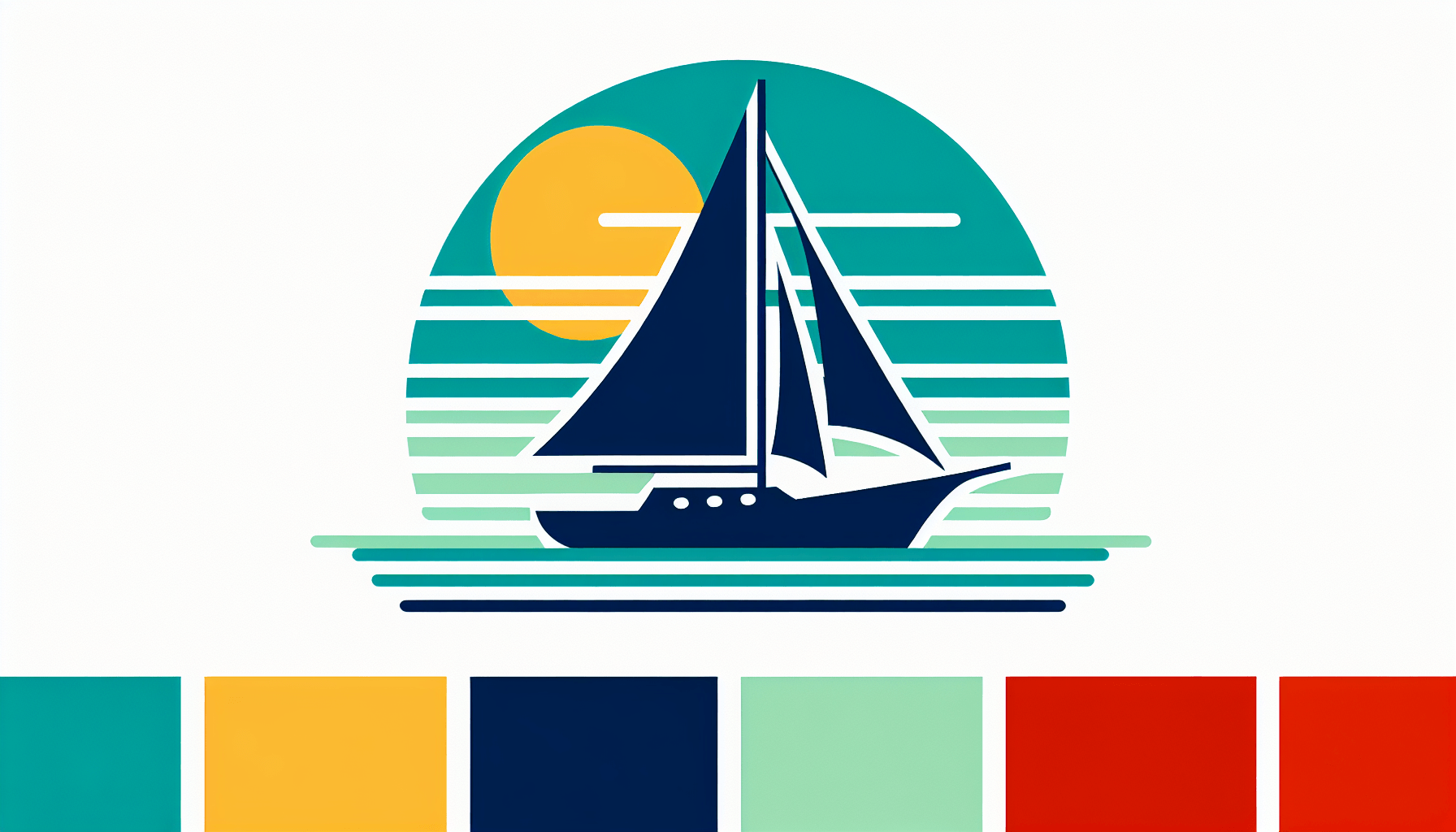 Sailboat in flat illustration style and white background, red #f47574, green #88c7a8, yellow #fcc44b, and blue #645bc8 colors.