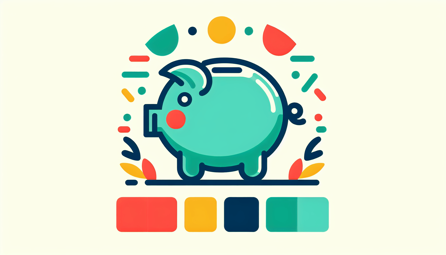 Piggy bank in flat illustration style and white background, red #f47574, green #88c7a8, yellow #fcc44b, and blue #645bc8 colors.