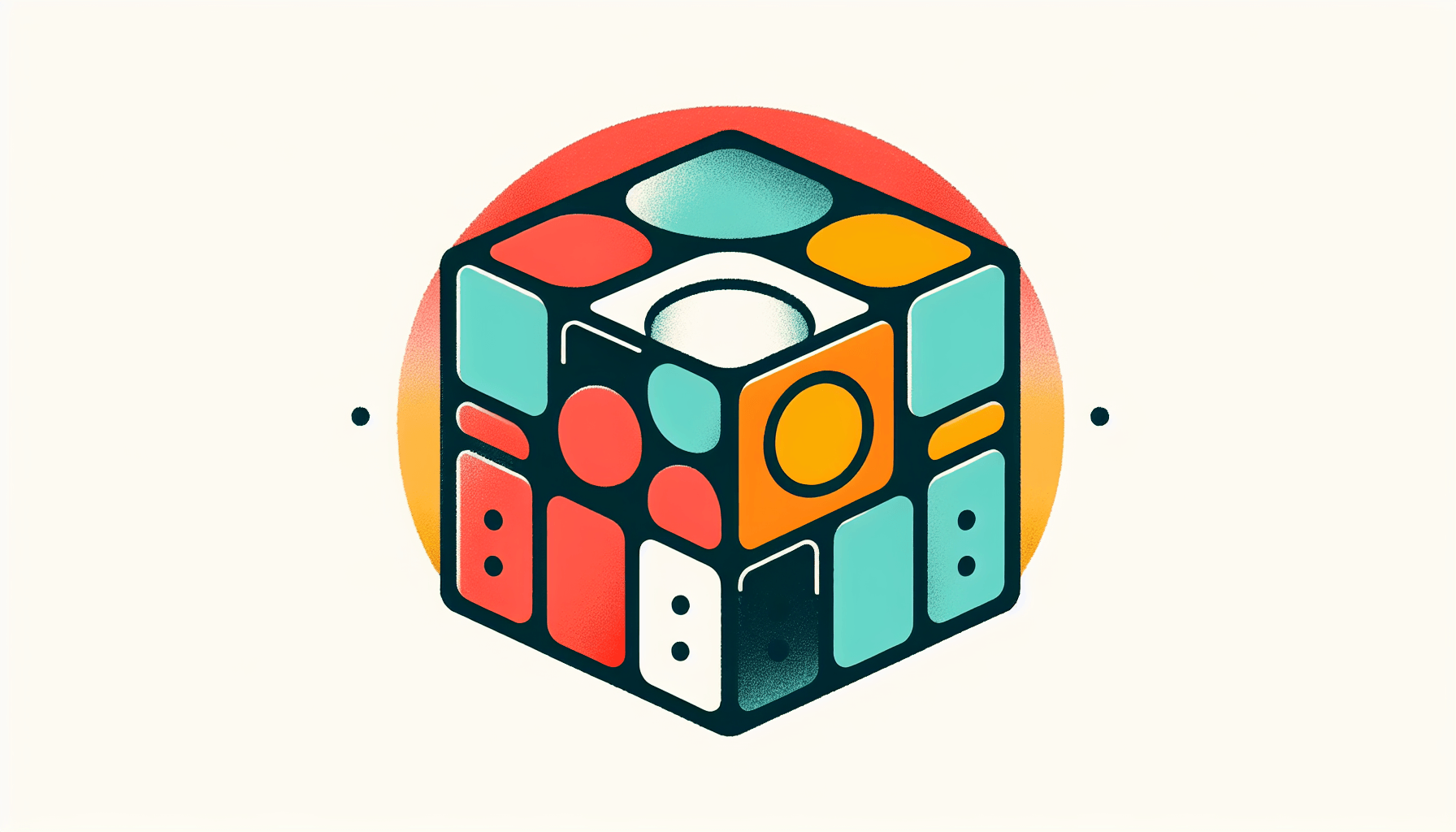 Rubik's Cube in flat illustration style and white background, red #f47574, green #88c7a8, yellow #fcc44b, and blue #645bc8 colors.