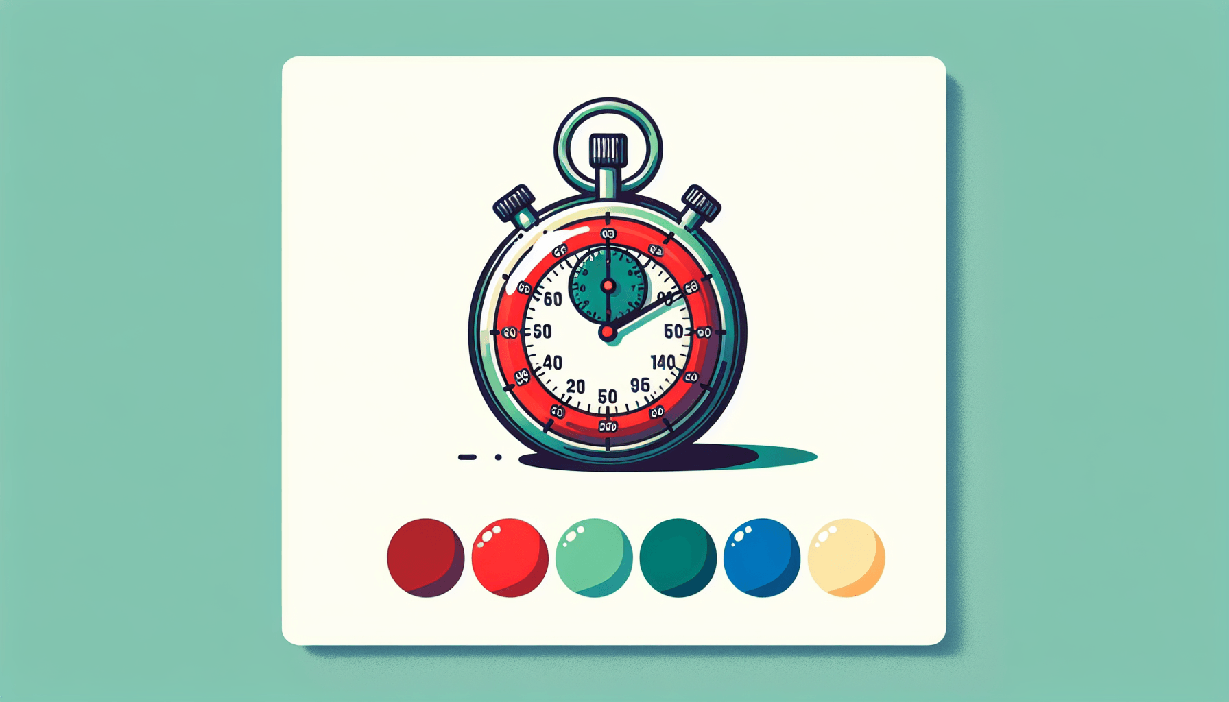 Stopwatch in flat illustration style and white background, red #f47574, green #88c7a8, yellow #fcc44b, and blue #645bc8 colors.