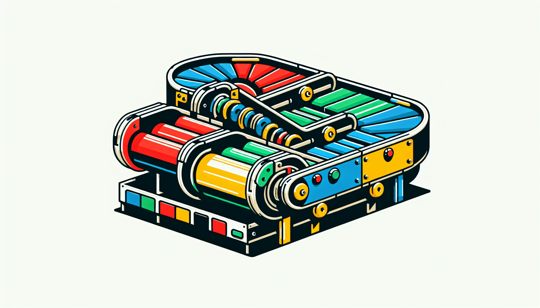 Conveyor Belt in flat illustration style and white background, red #f47574, green #88c7a8, yellow #fcc44b, and blue #645bc8 colors.