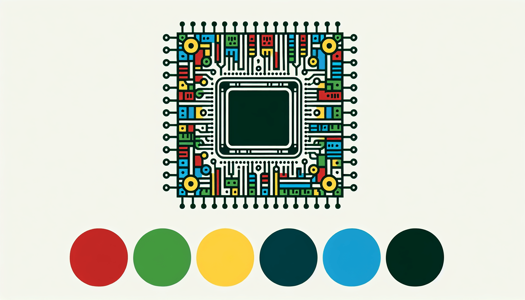 Computer chip in flat illustration style and white background, red #f47574, green #88c7a8, yellow #fcc44b, and blue #645bc8 colors.