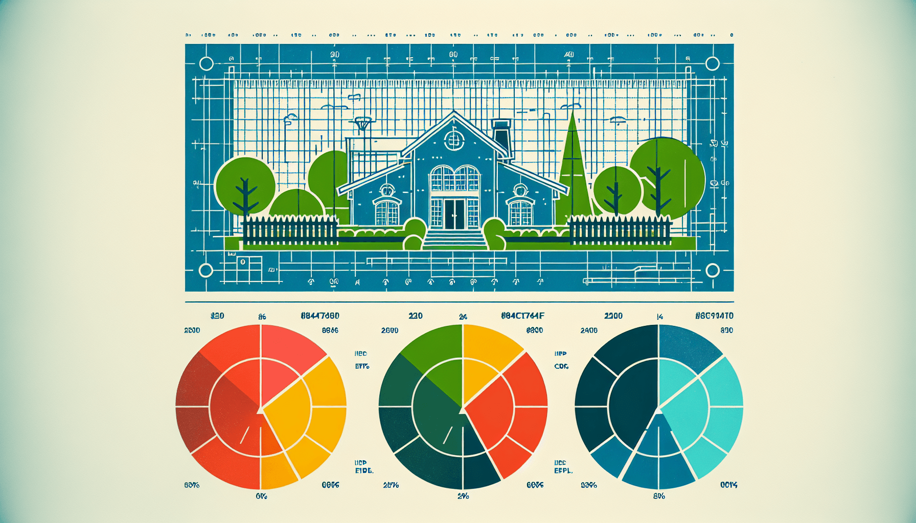 Blueprint in flat illustration style and white background, red #f47574, green #88c7a8, yellow #fcc44b, and blue #645bc8 colors.