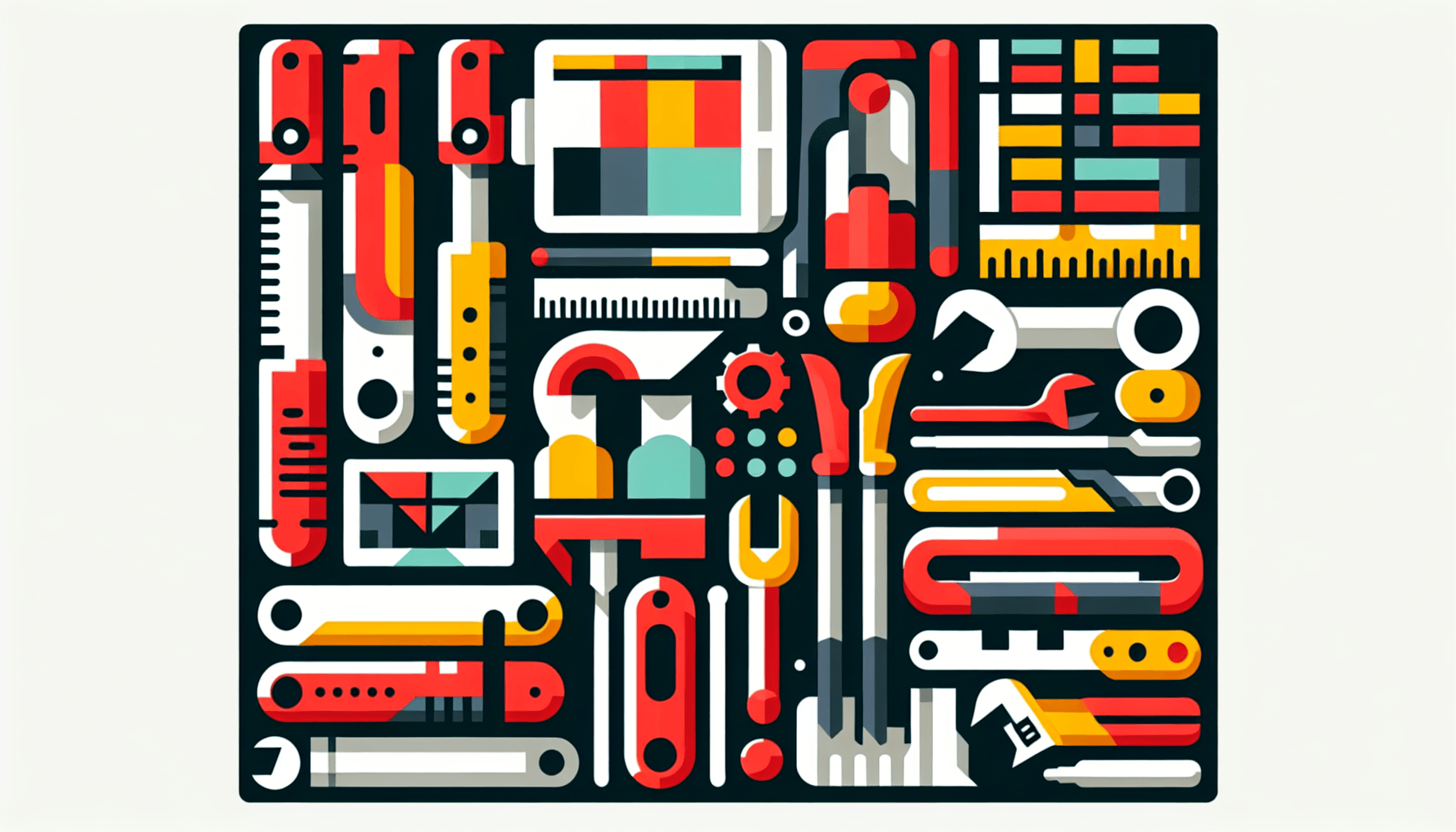 Toolkit in flat illustration style and white background, red #f47574, green #88c7a8, yellow #fcc44b, and blue #645bc8 colors.