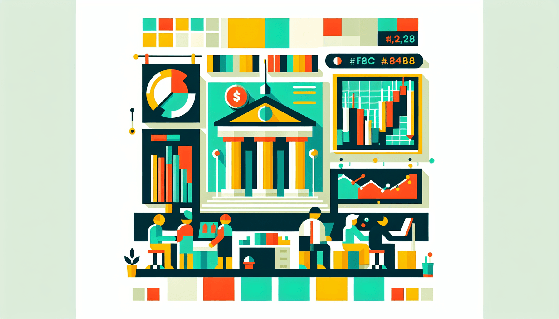 Stock exchange in flat illustration style and white background, red #f47574, green #88c7a8, yellow #fcc44b, and blue #645bc8 colors.