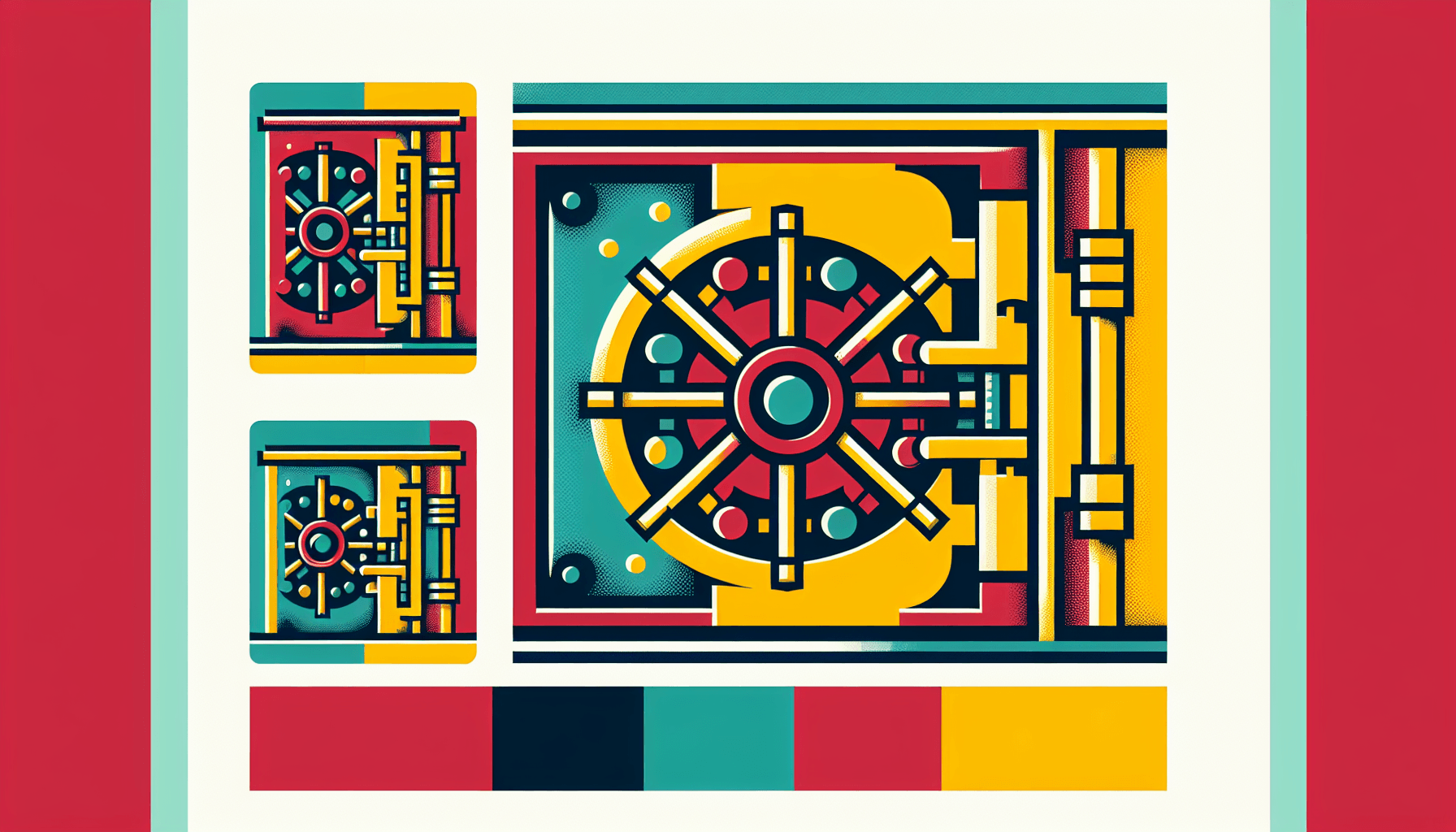 Vault in flat illustration style and white background, red #f47574, green #88c7a8, yellow #fcc44b, and blue #645bc8 colors.