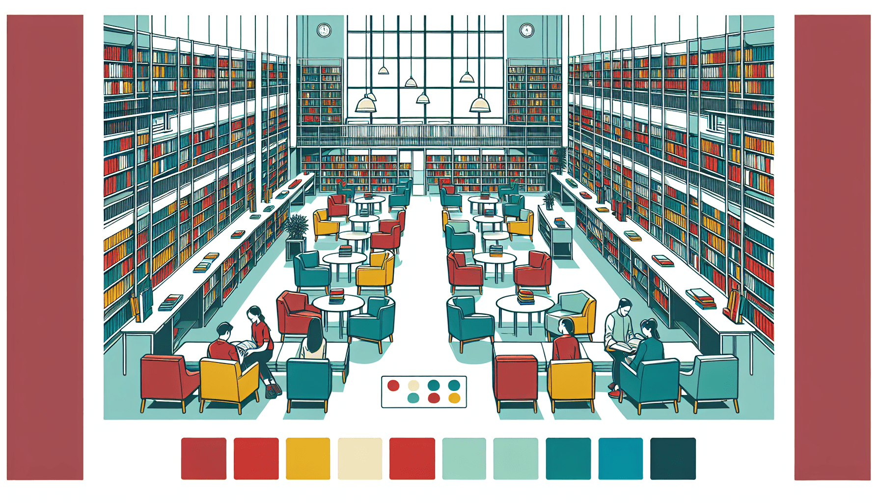 Library in flat illustration style and white background, red #f47574, green #88c7a8, yellow #fcc44b, and blue #645bc8 colors.
