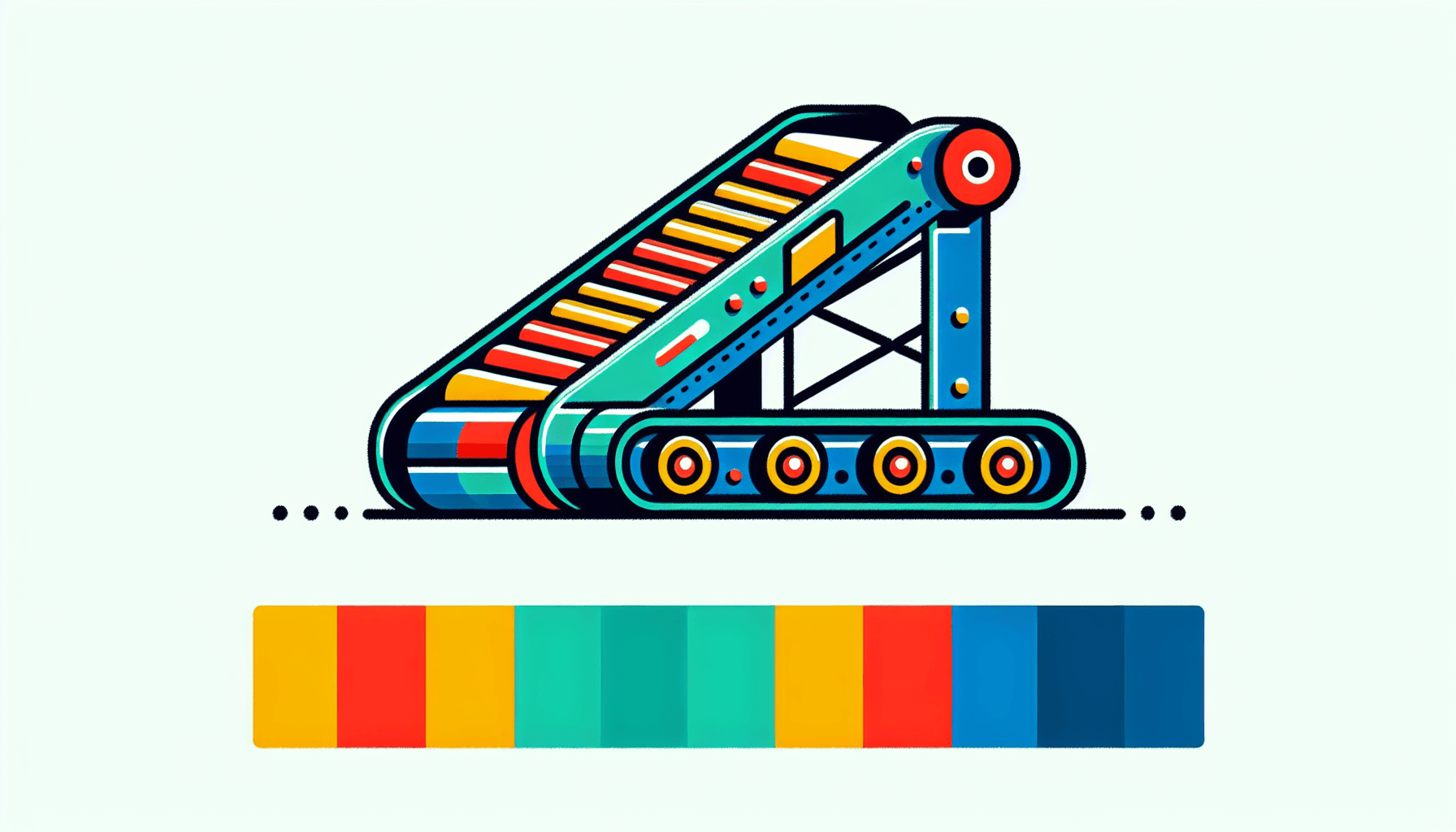 Conveyor belt in flat illustration style and white background, red #f47574, green #88c7a8, yellow #fcc44b, and blue #645bc8 colors.