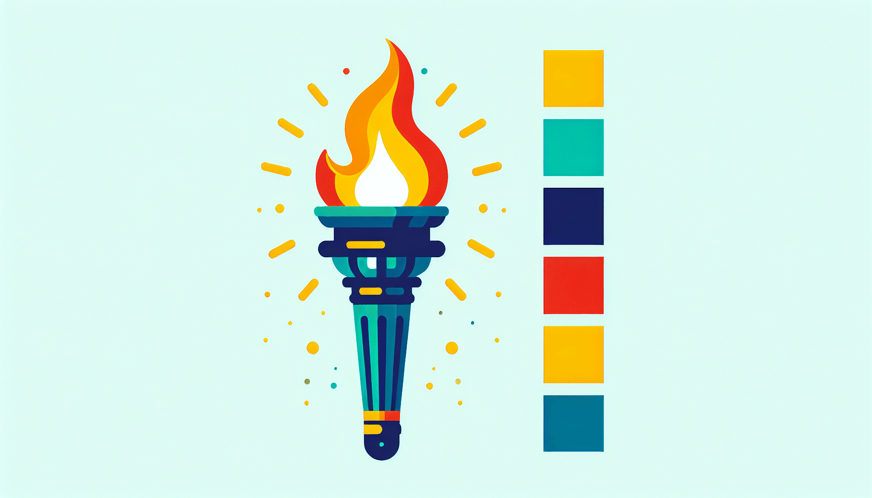 Torch in flat illustration style and white background, red #f47574, green #88c7a8, yellow #fcc44b, and blue #645bc8 colors.