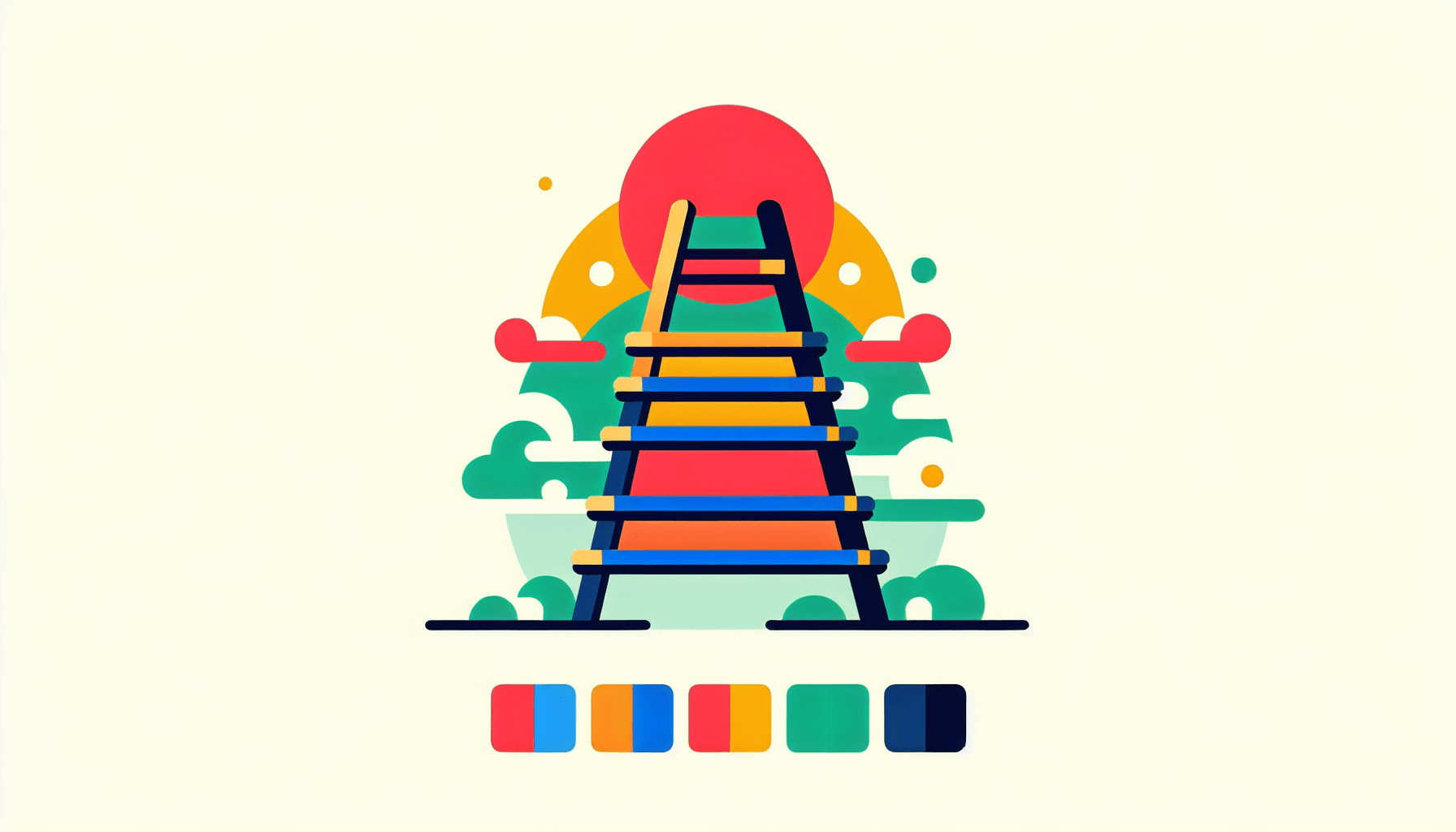 Ladder in flat illustration style and white background, red #f47574, green #88c7a8, yellow #fcc44b, and blue #645bc8 colors.