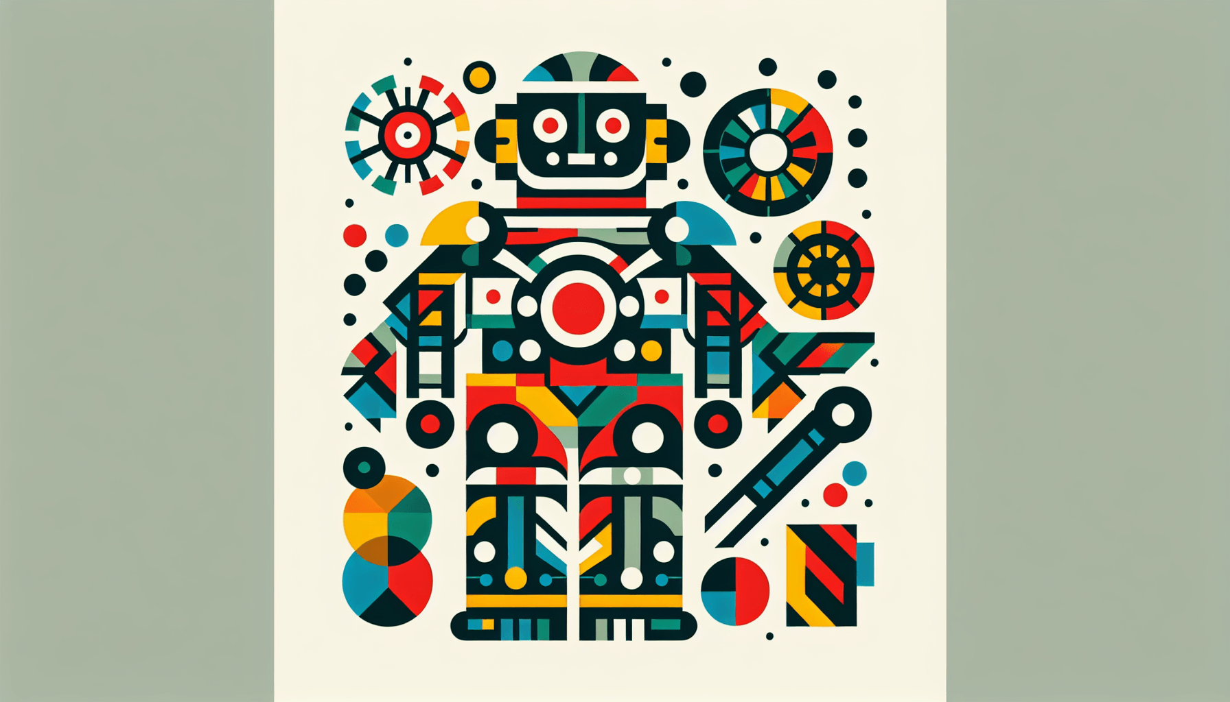 Robot in flat illustration style and white background, red #f47574, green #88c7a8, yellow #fcc44b, and blue #645bc8 colors.