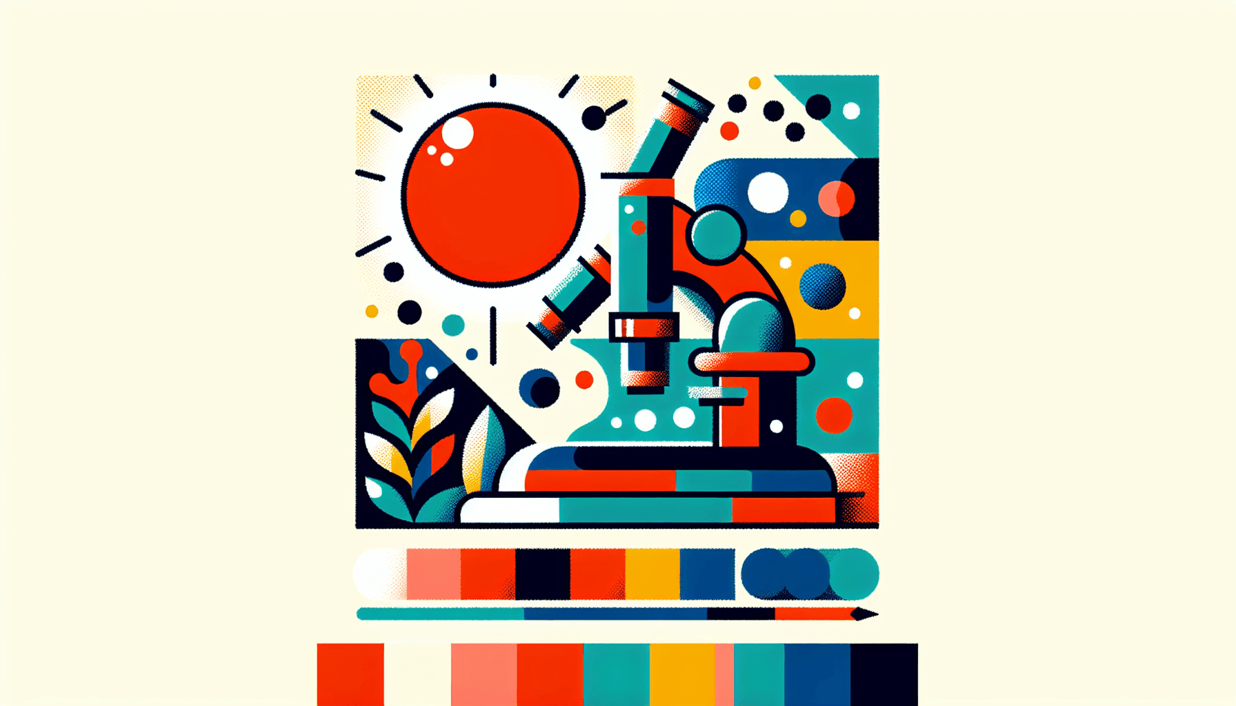Microscope in flat illustration style and white background, red #f47574, green #88c7a8, yellow #fcc44b, and blue #645bc8 colors.