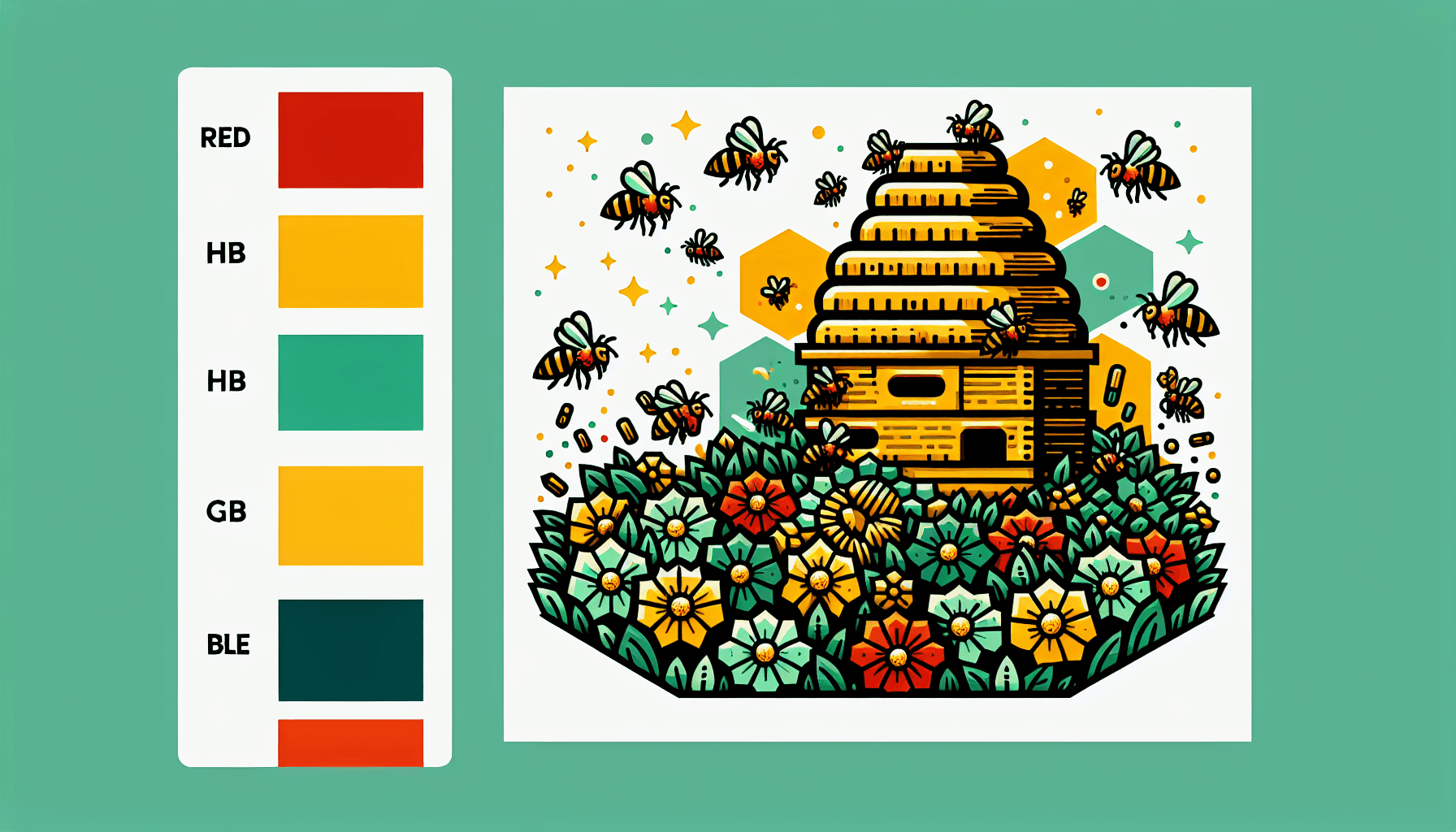 Hive in flat illustration style and white background, red #f47574, green #88c7a8, yellow #fcc44b, and blue #645bc8 colors.