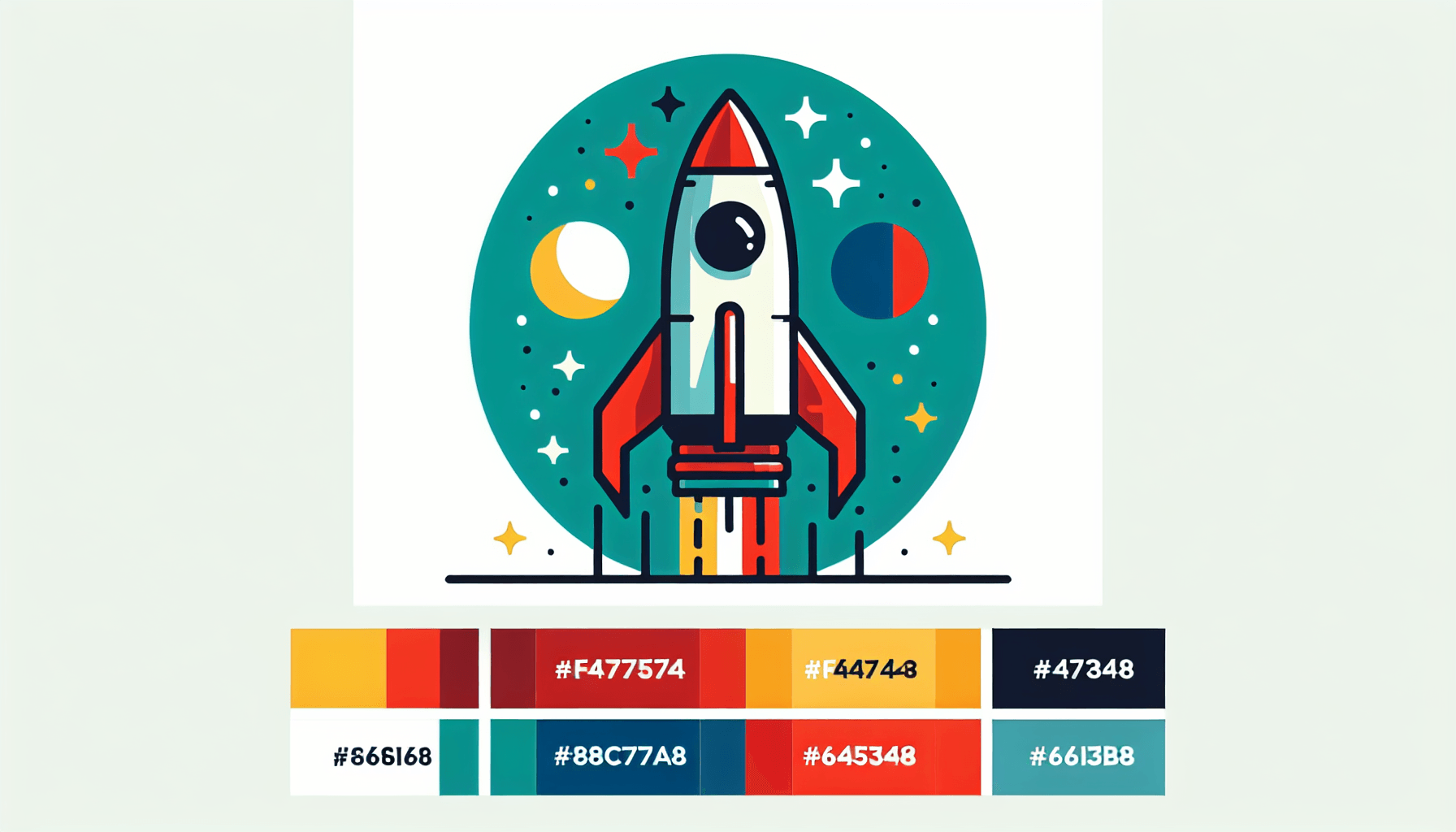 Rocket in flat illustration style and white background, red #f47574, green #88c7a8, yellow #fcc44b, and blue #645bc8 colors.