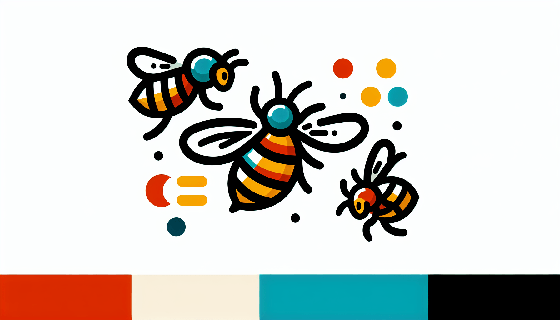 Bees in flat illustration style and white background, red #f47574, green #88c7a8, yellow #fcc44b, and blue #645bc8 colors.