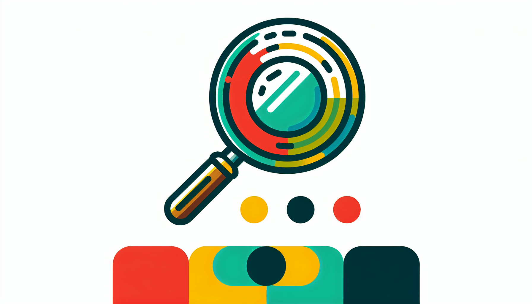Magnifying glass in flat illustration style and white background, red #f47574, green #88c7a8, yellow #fcc44b, and blue #645bc8 colors.
