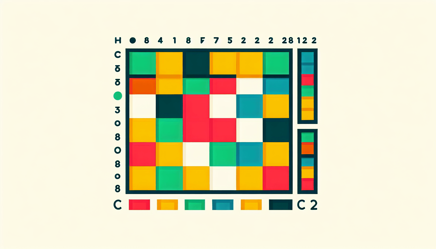 Chessboard in flat illustration style and white background, red #f47574, green #88c7a8, yellow #fcc44b, and blue #645bc8 colors.
