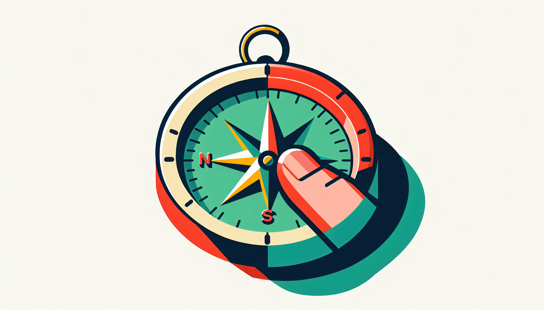Compass in flat illustration style and white background, red #f47574, green #88c7a8, yellow #fcc44b, and blue #645bc8 colors.