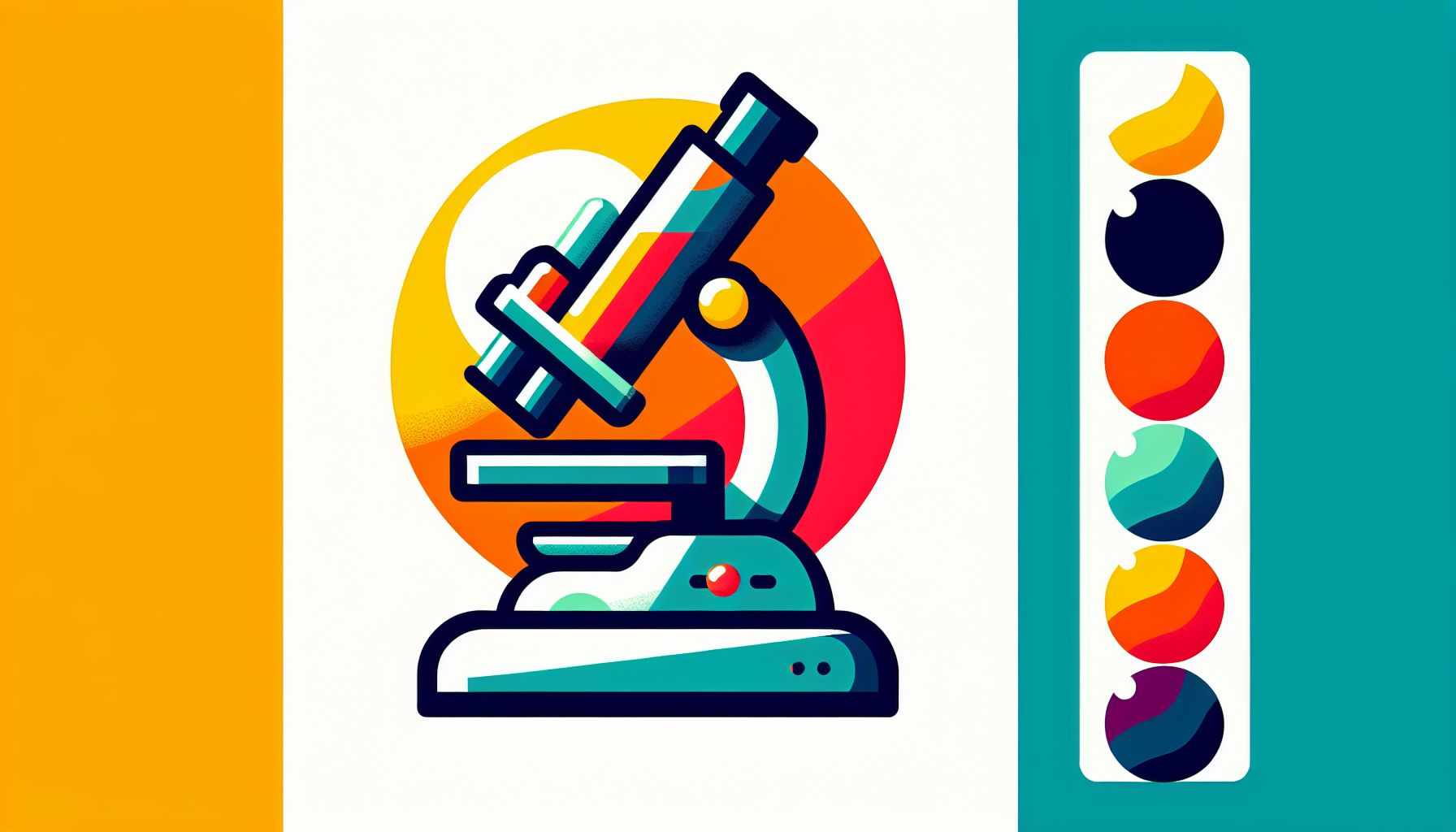 Microscope in flat illustration style and white background, red #f47574, green #88c7a8, yellow #fcc44b, and blue #645bc8 colors.