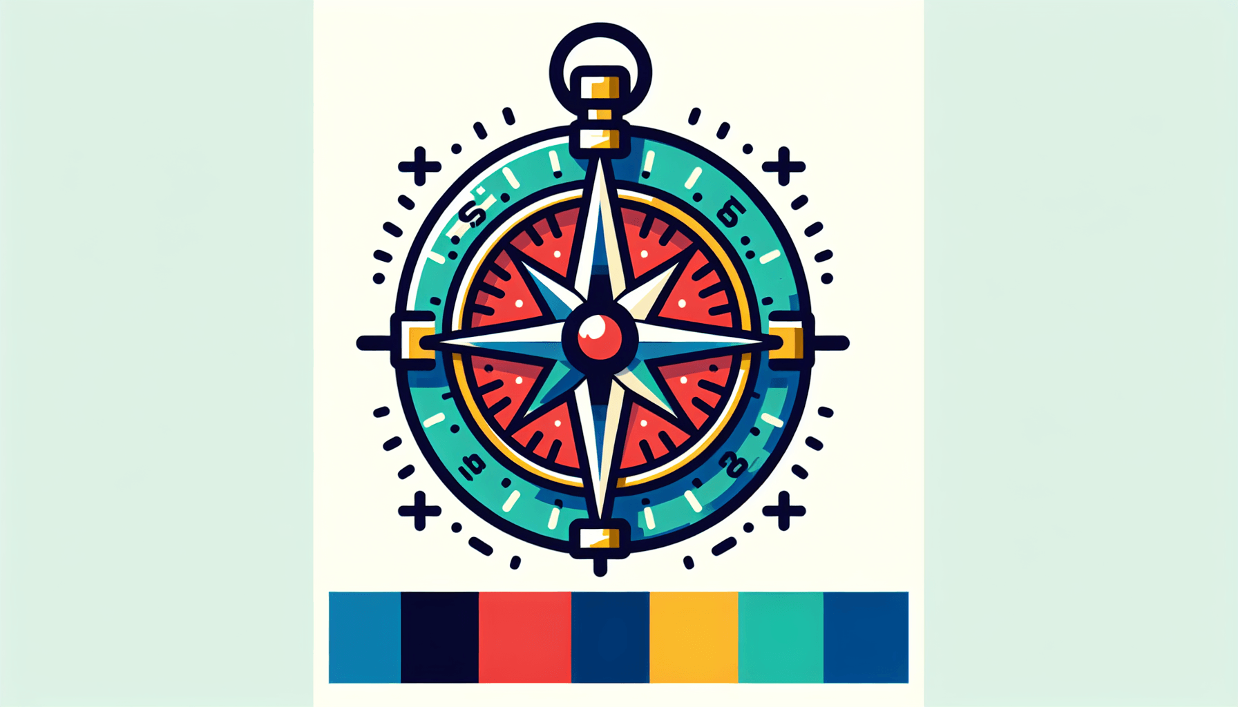 Compass in flat illustration style and white background, red #f47574, green #88c7a8, yellow #fcc44b, and blue #645bc8 colors.