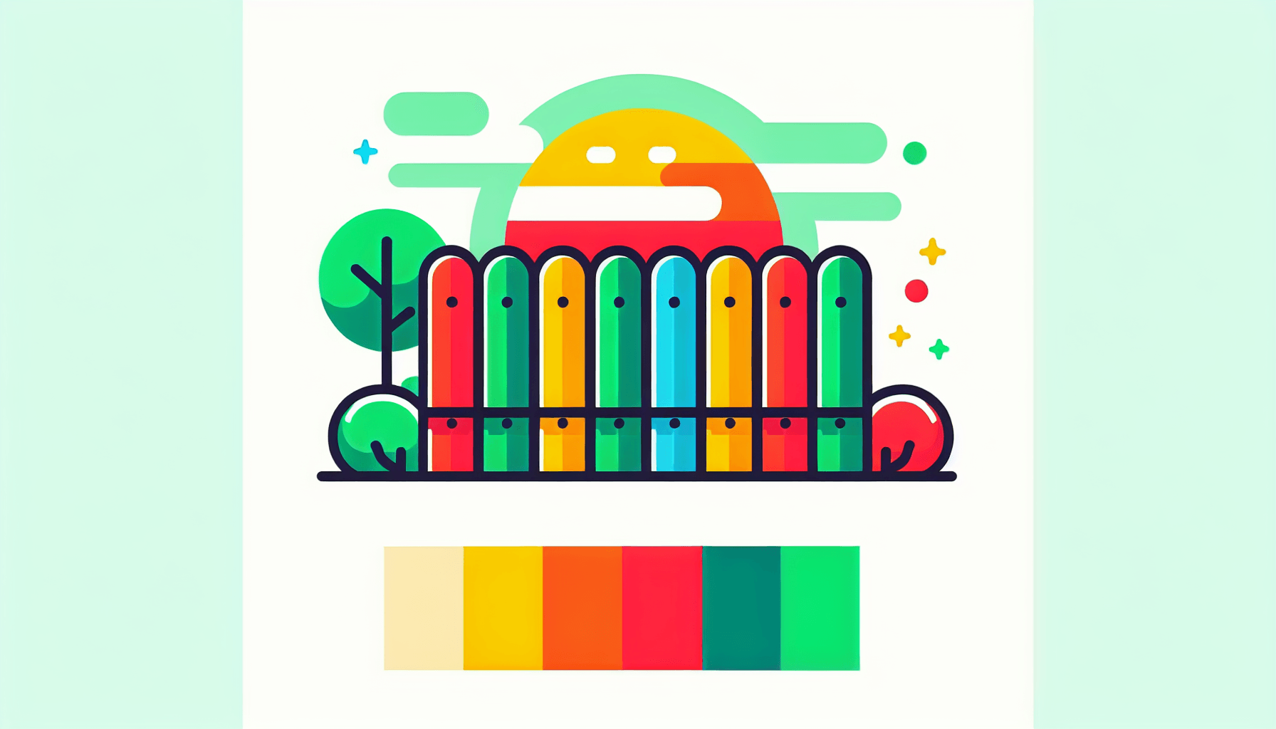 Fence in flat illustration style and white background, red #f47574, green #88c7a8, yellow #fcc44b, and blue #645bc8 colors.
