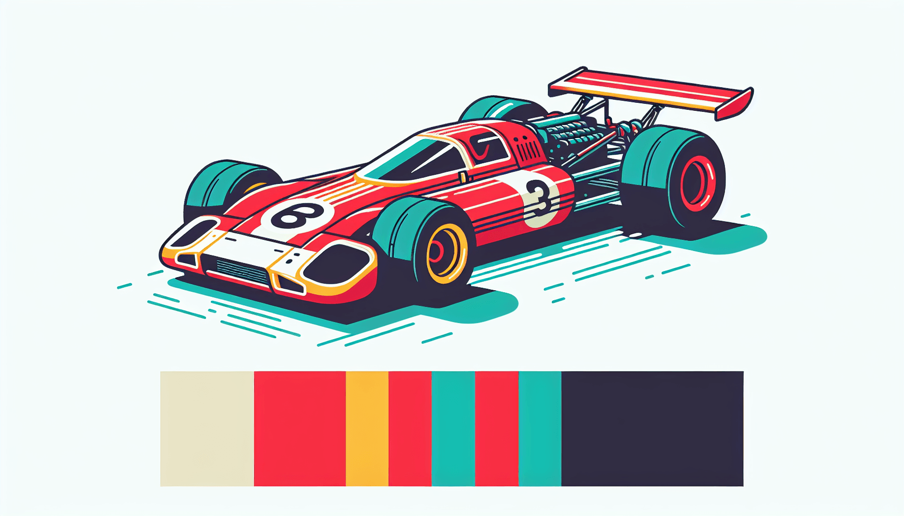 Race car in flat illustration style and white background, red #f47574, green #88c7a8, yellow #fcc44b, and blue #645bc8 colors.