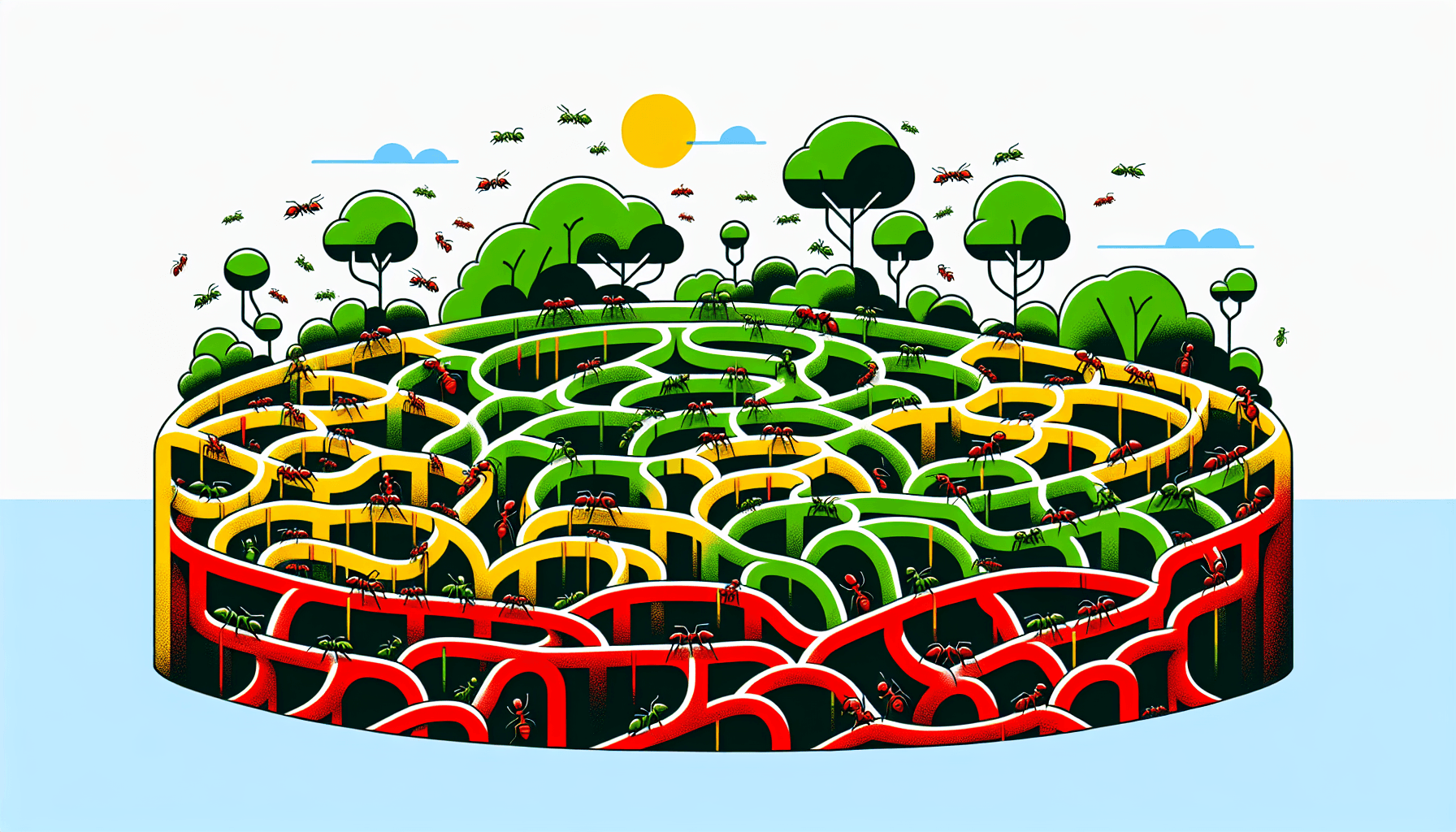 Ant farm in flat illustration style and white background, red #f47574, green #88c7a8, yellow #fcc44b, and blue #645bc8 colors.