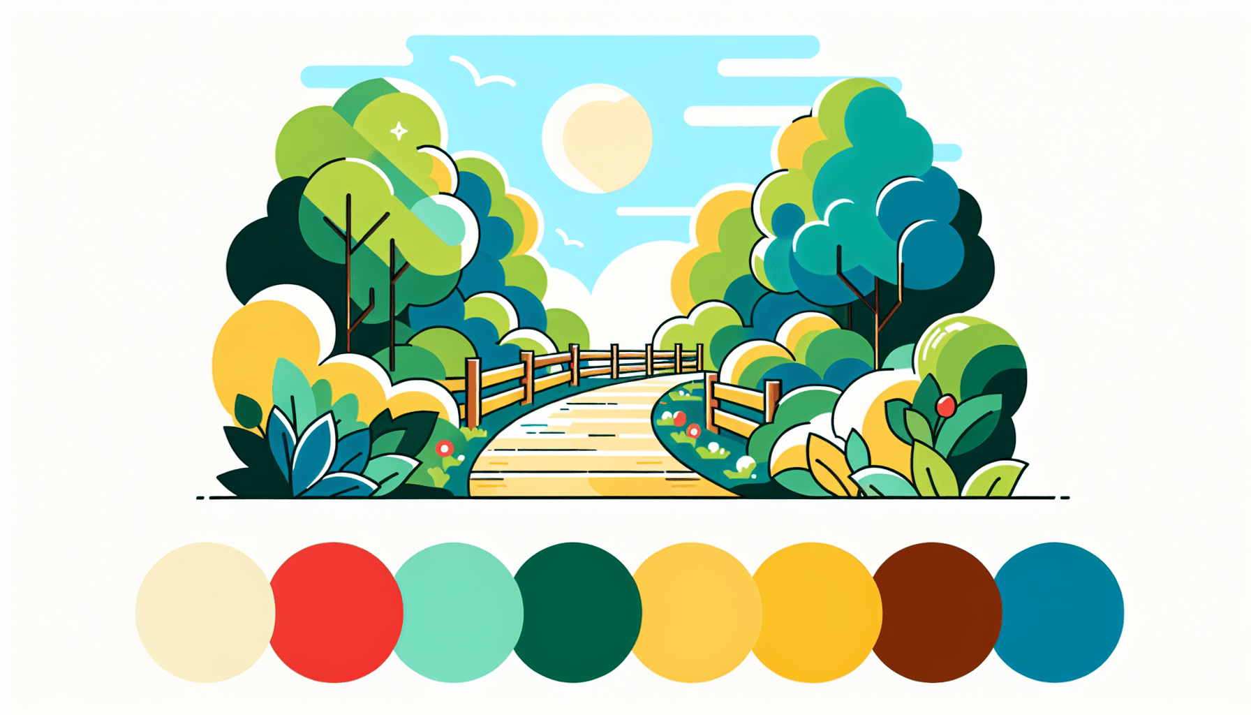 Pathway in flat illustration style and white background, red #f47574, green #88c7a8, yellow #fcc44b, and blue #645bc8 colors.